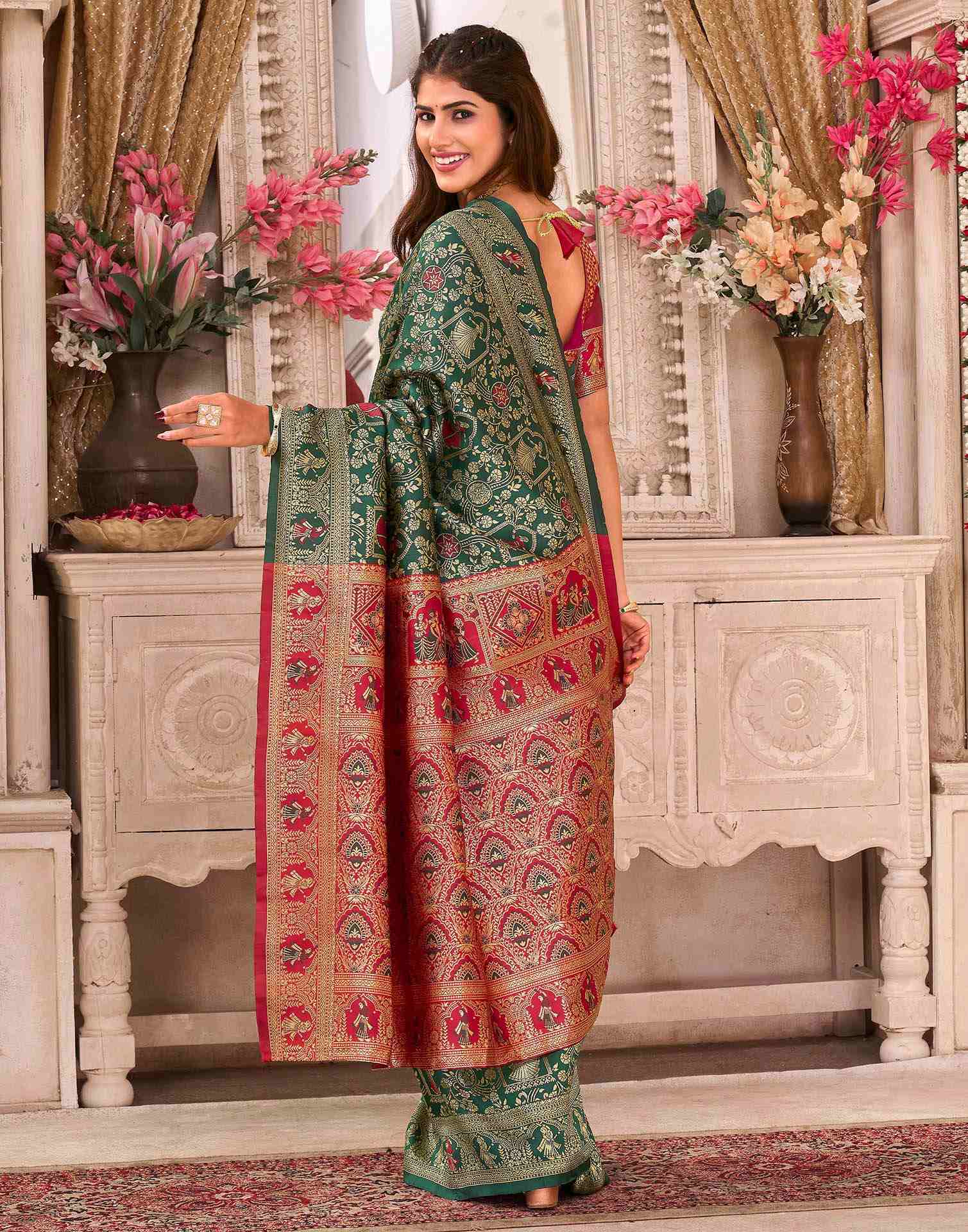 Dark Green Silk Woven Baluchari Saree - Image 6