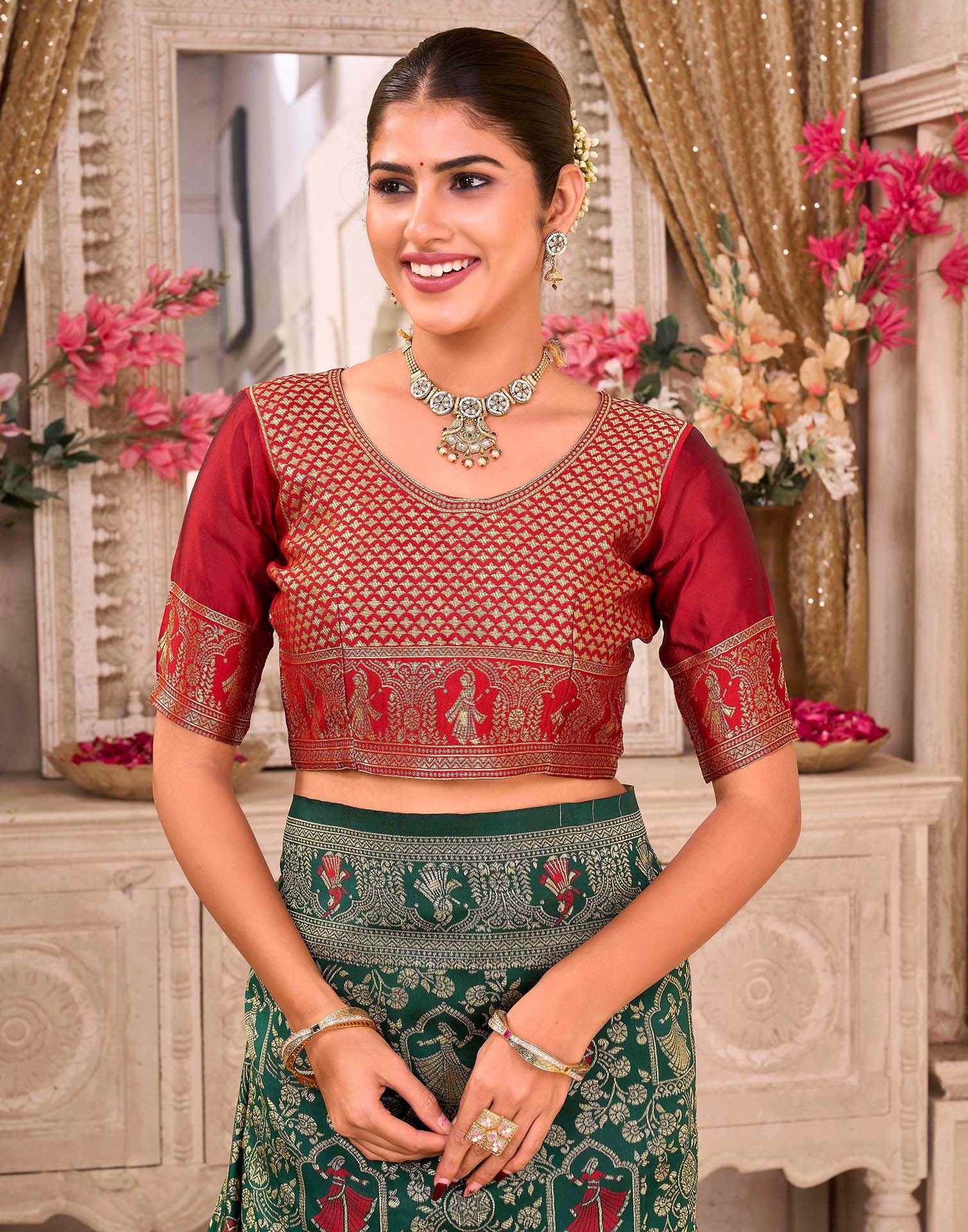 Dark Green Silk Woven Baluchari Saree - Image 8