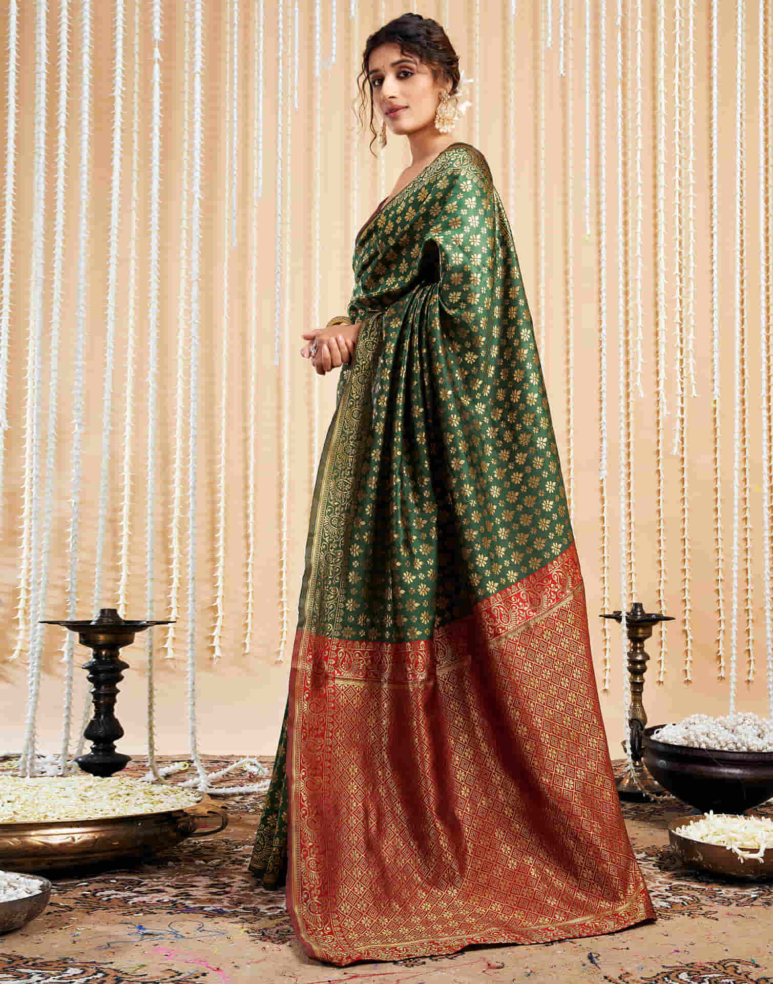 Dark Green Silk Woven Banarasi Saree - Image 6