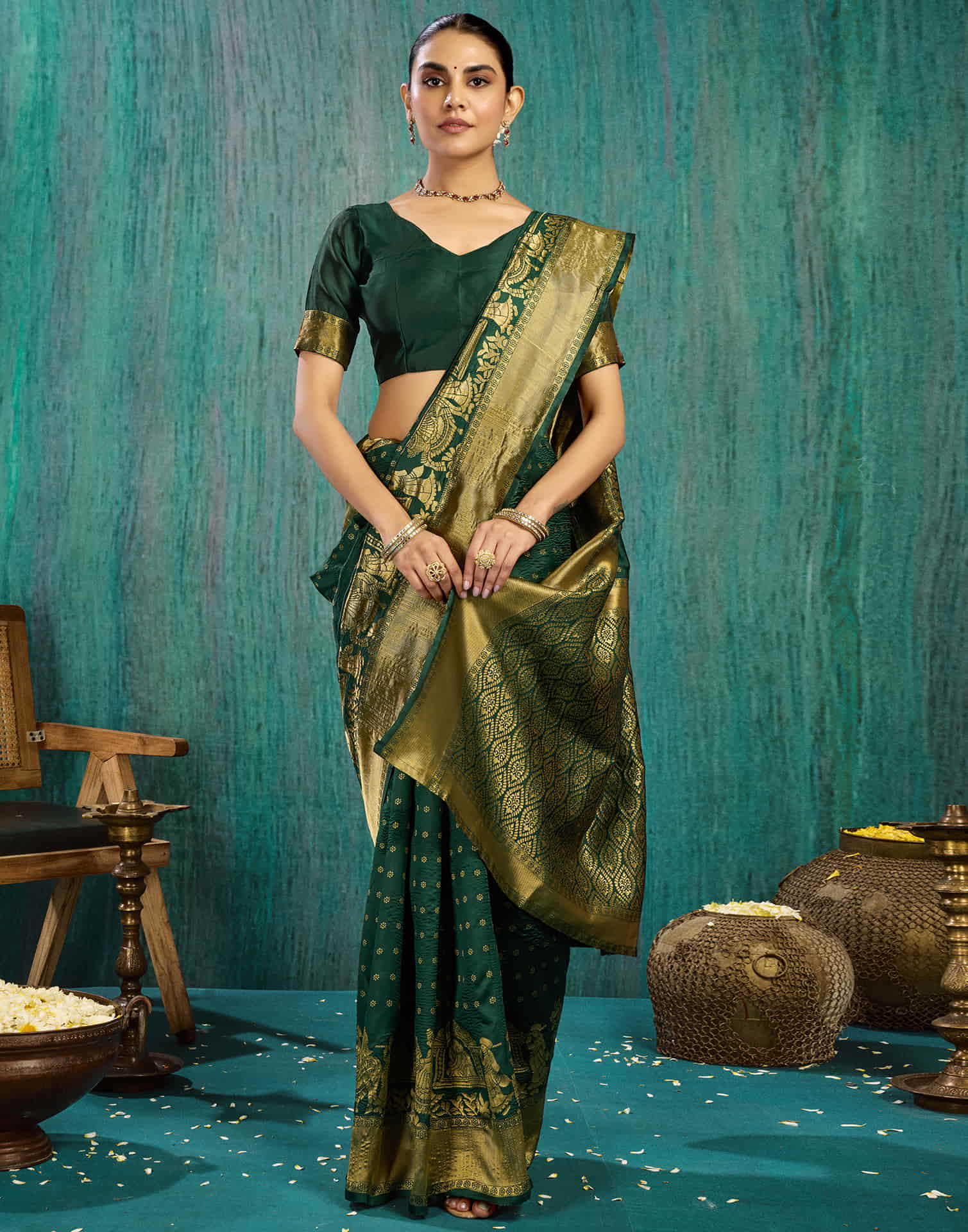Green Silk Woven Kanjivaram Saree - Image 6