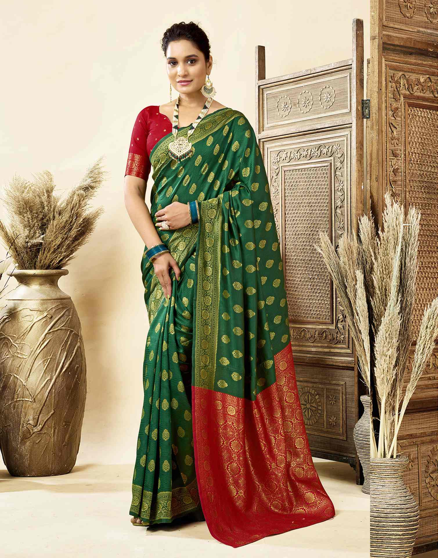 Dark Green Silk Woven Banarasi Saree - Image 2