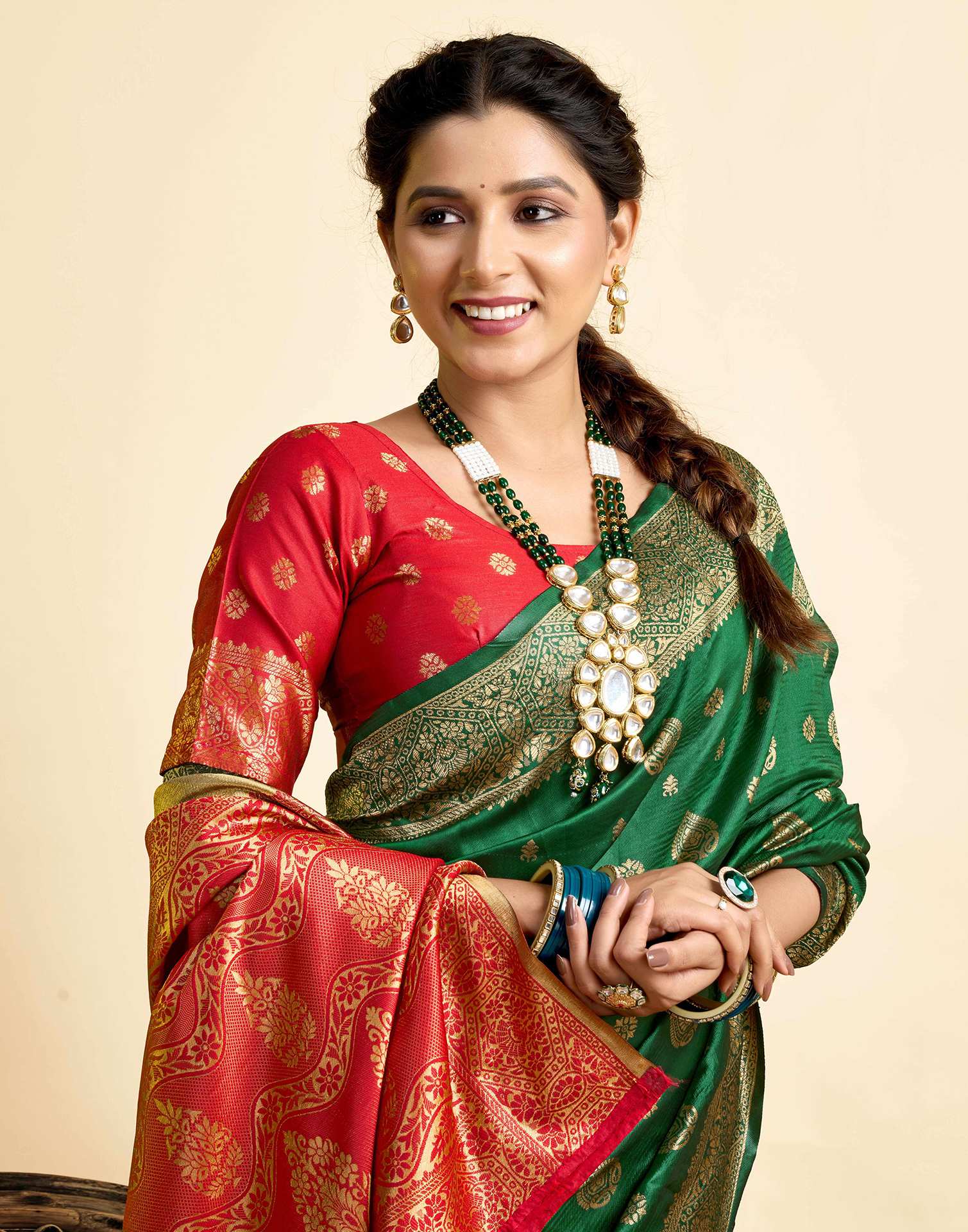 Dark Green Silk Woven Banarasi Saree - Image 2