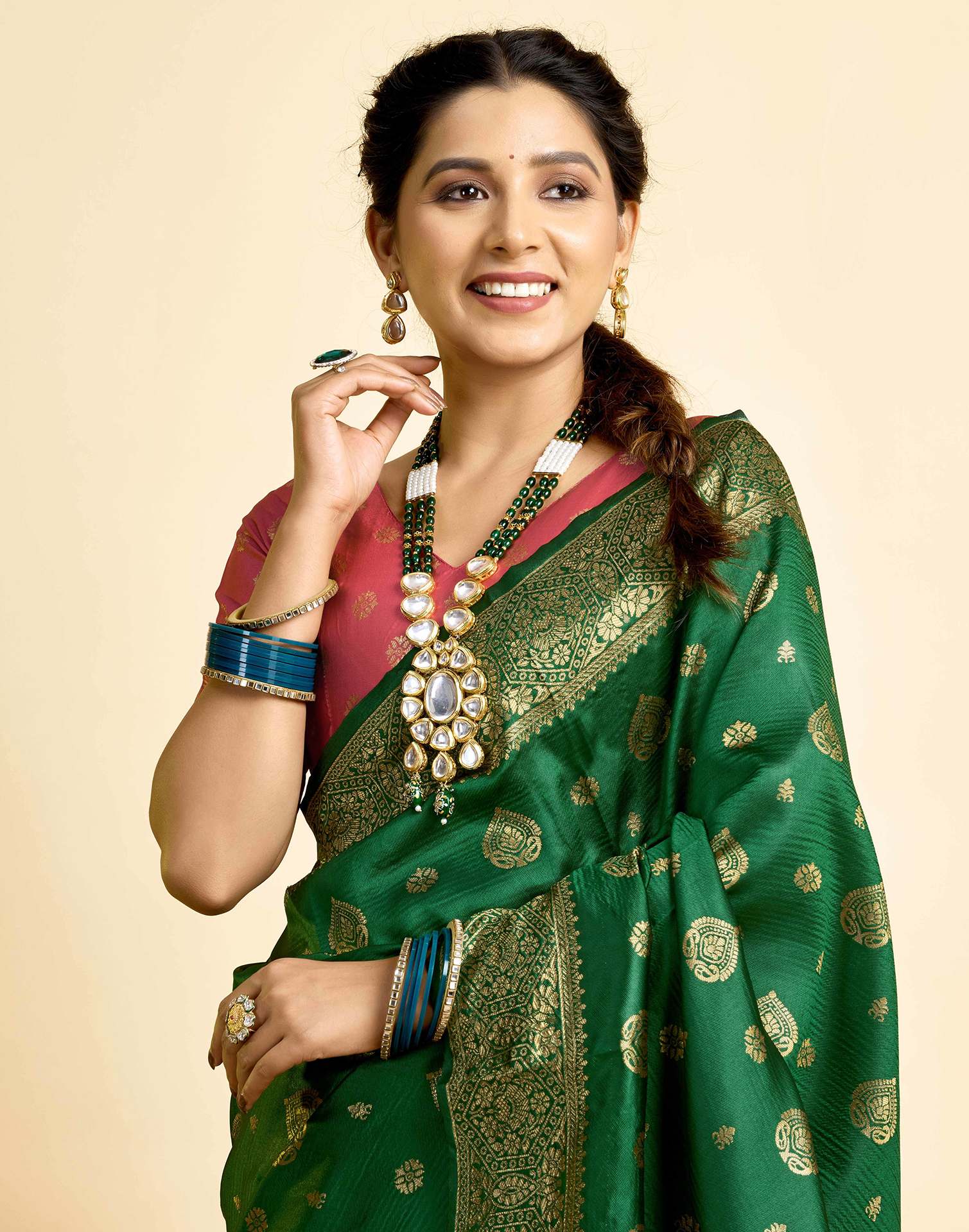 Dark Green Silk Woven Banarasi Saree - Image 2