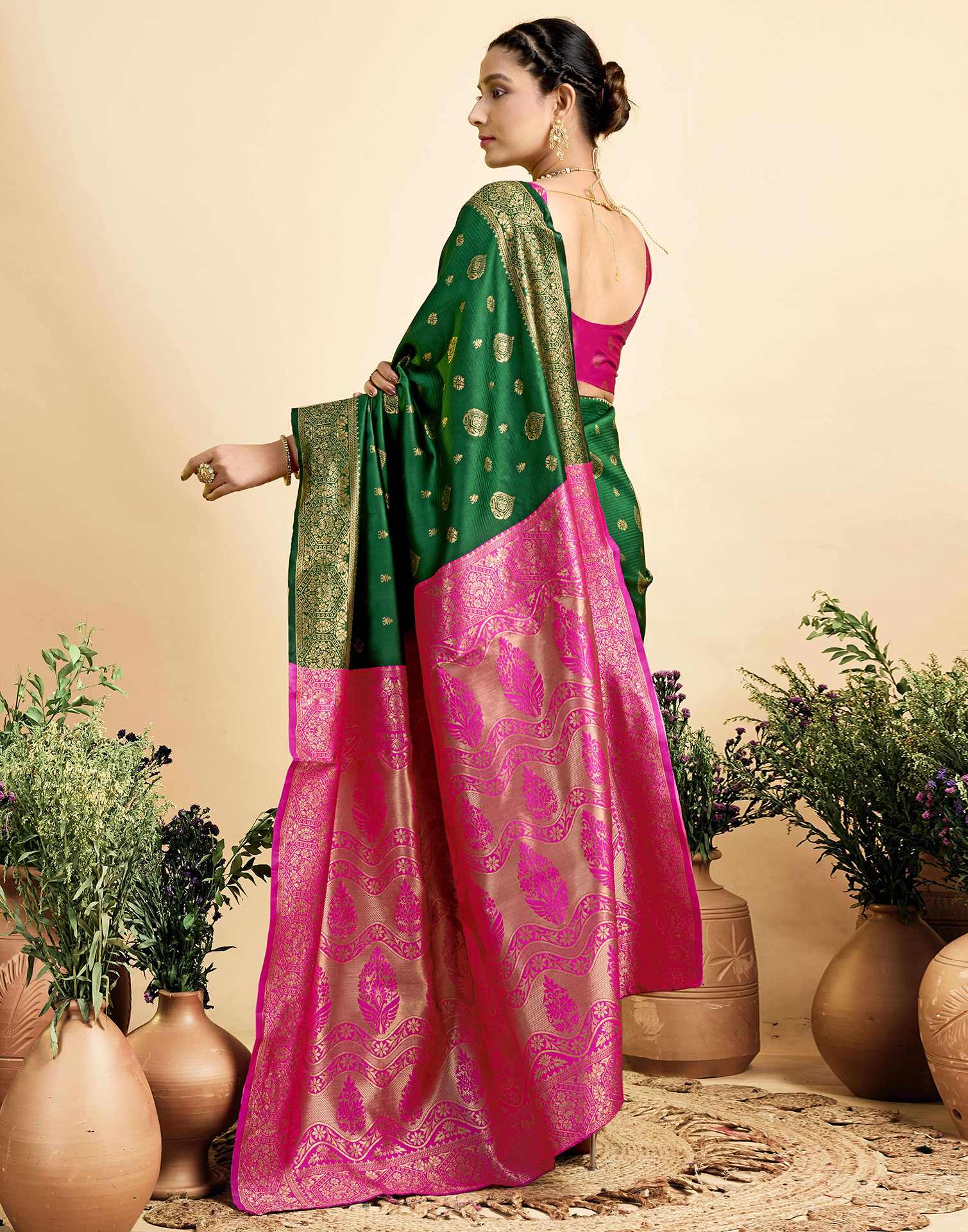 Dark Green Silk Woven Banarasi Saree - Image 6