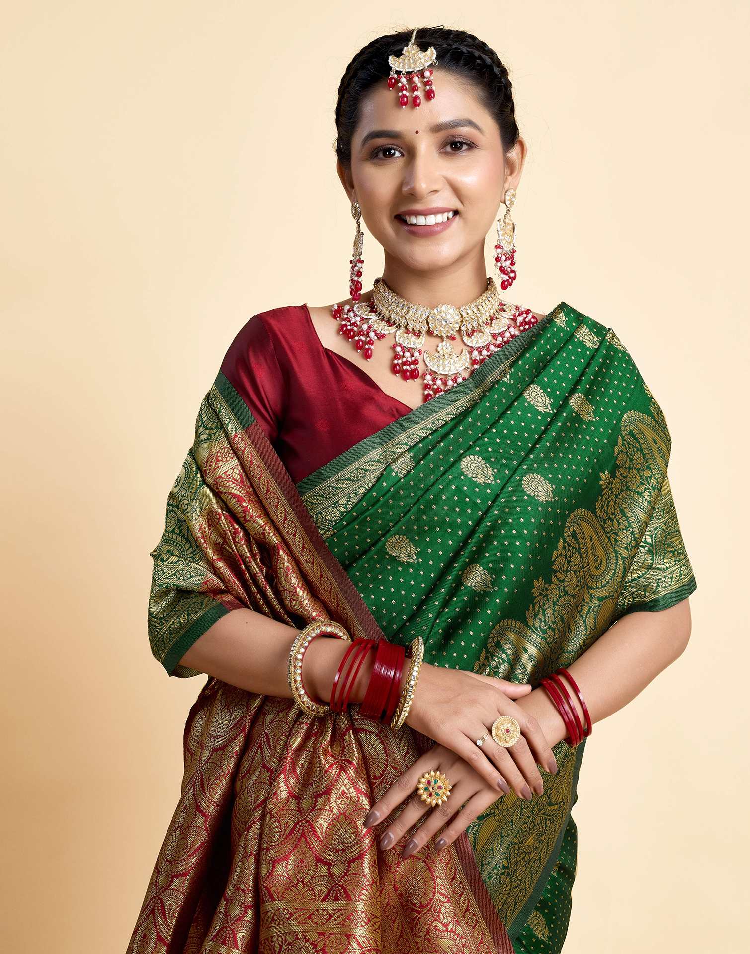 Dark Green Silk Woven Banarasi Saree - Image 2
