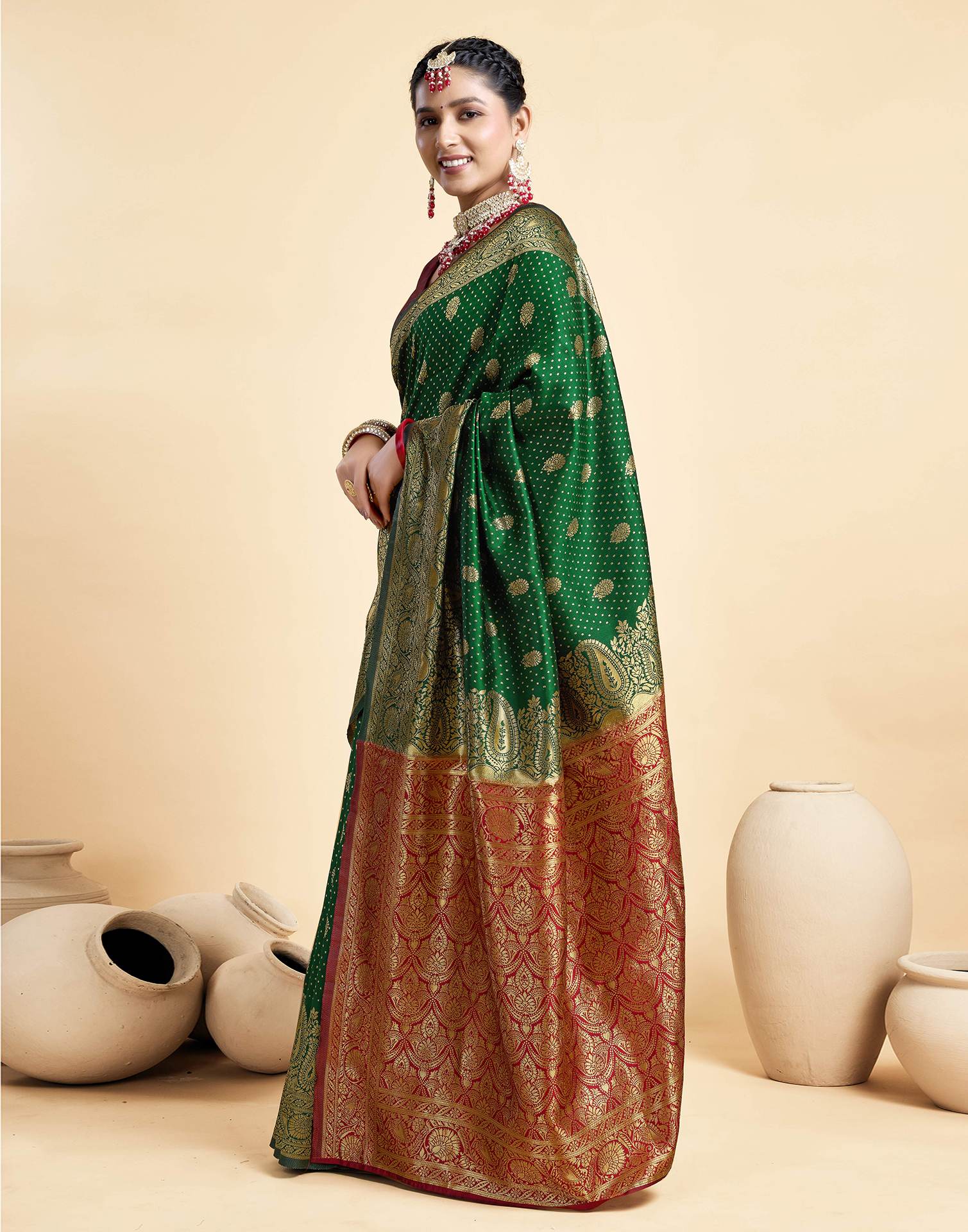 Dark Green Silk Woven Banarasi Saree - Image 4