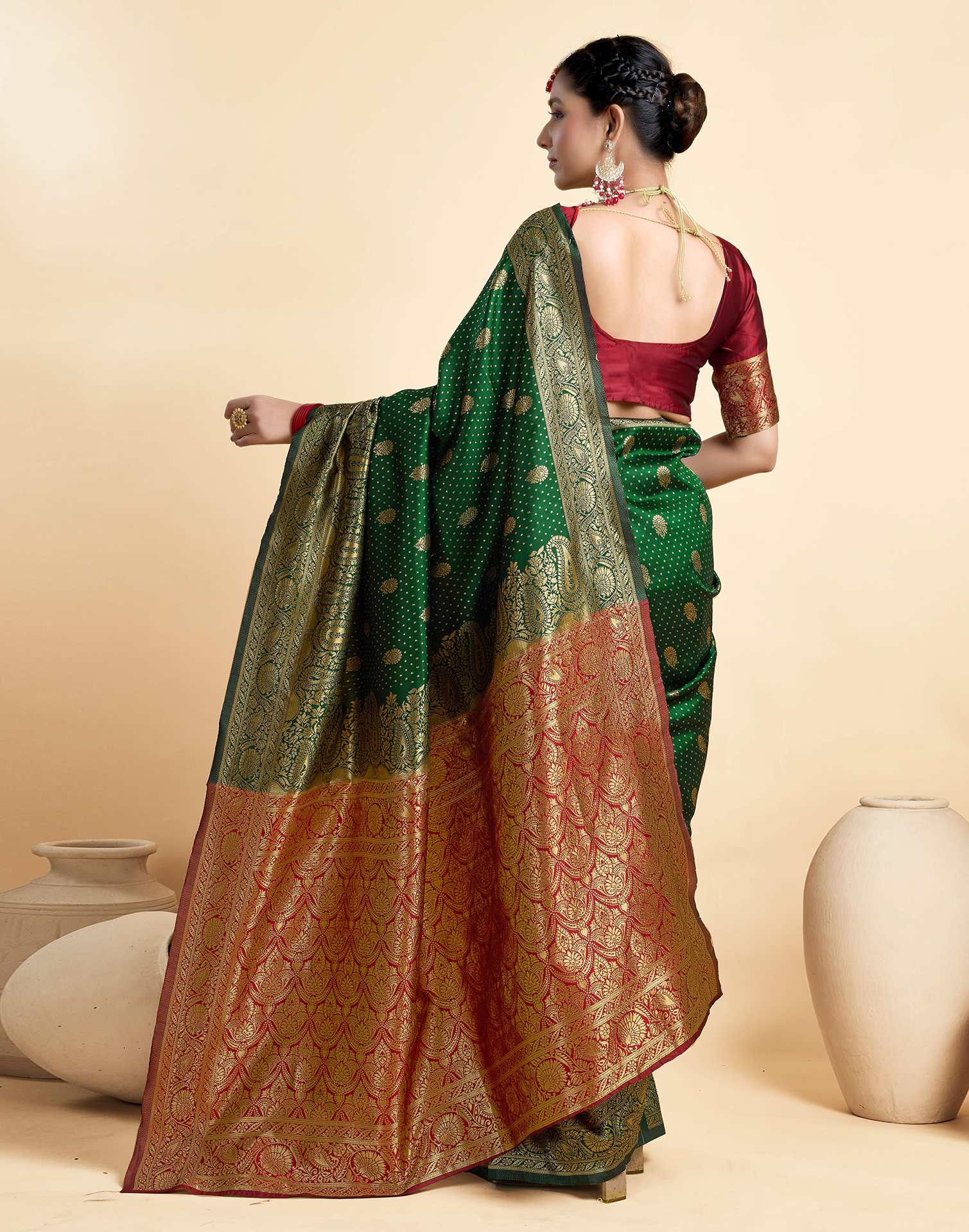 Dark Green Silk Woven Banarasi Saree - Image 6