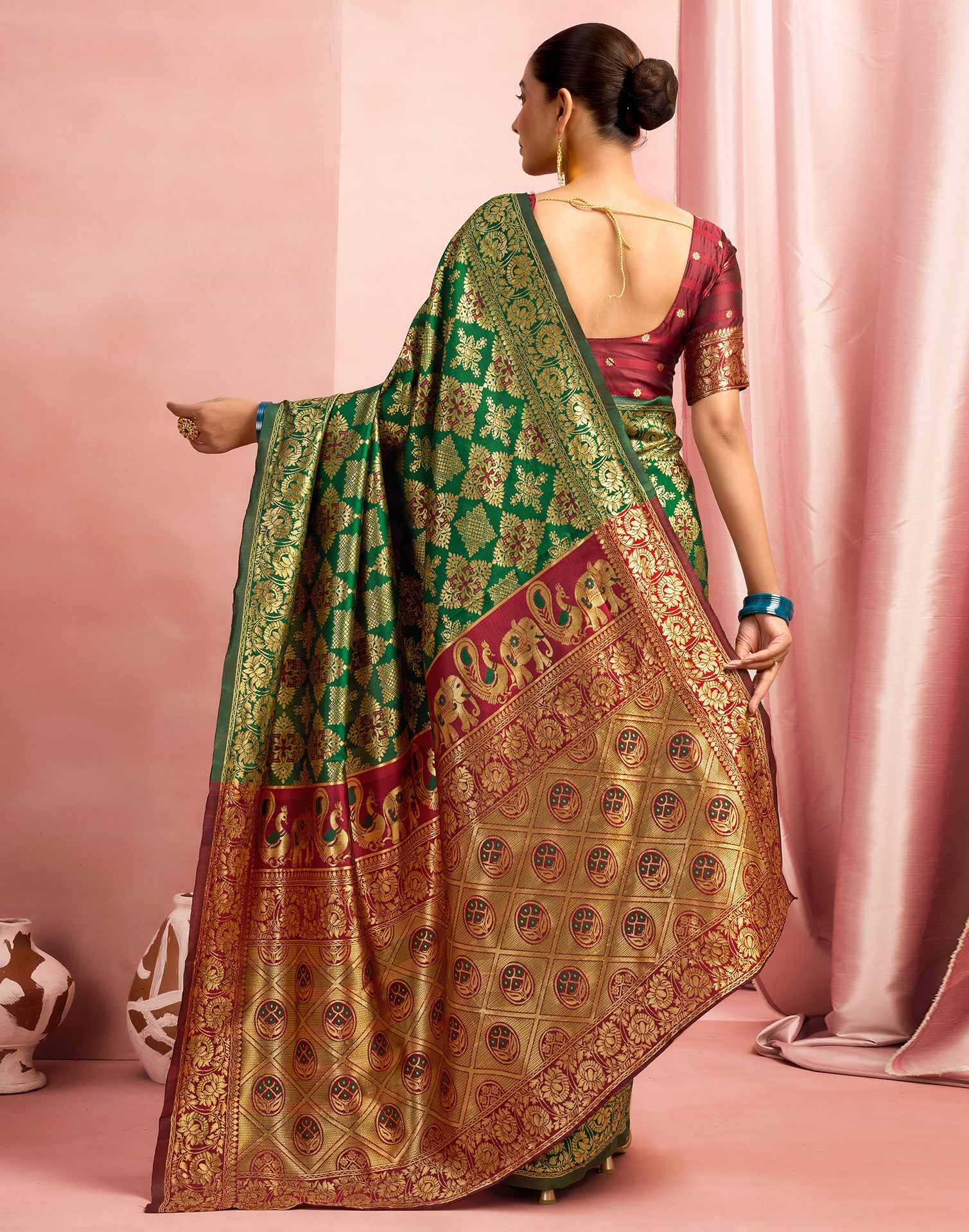 Dark Green Silk Woven Banarasi Saree - Image 4