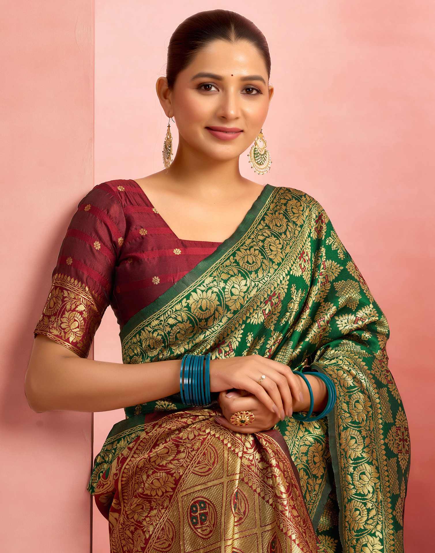 Dark Green Silk Woven Banarasi Saree - Image 6