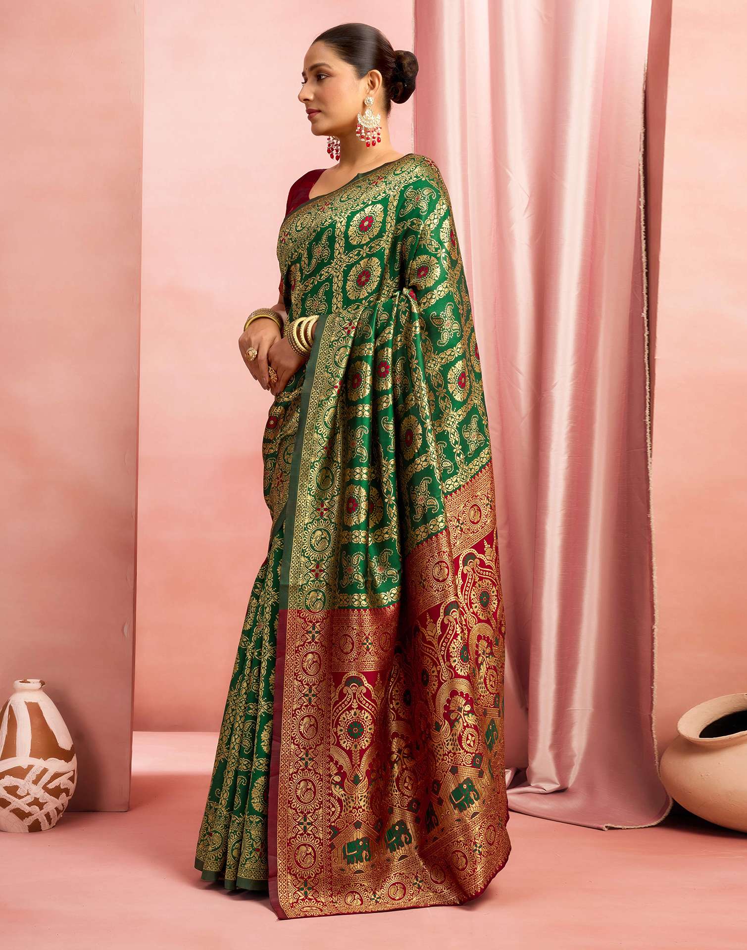 Dark Green Silk Woven Banarasi Saree - Image 4