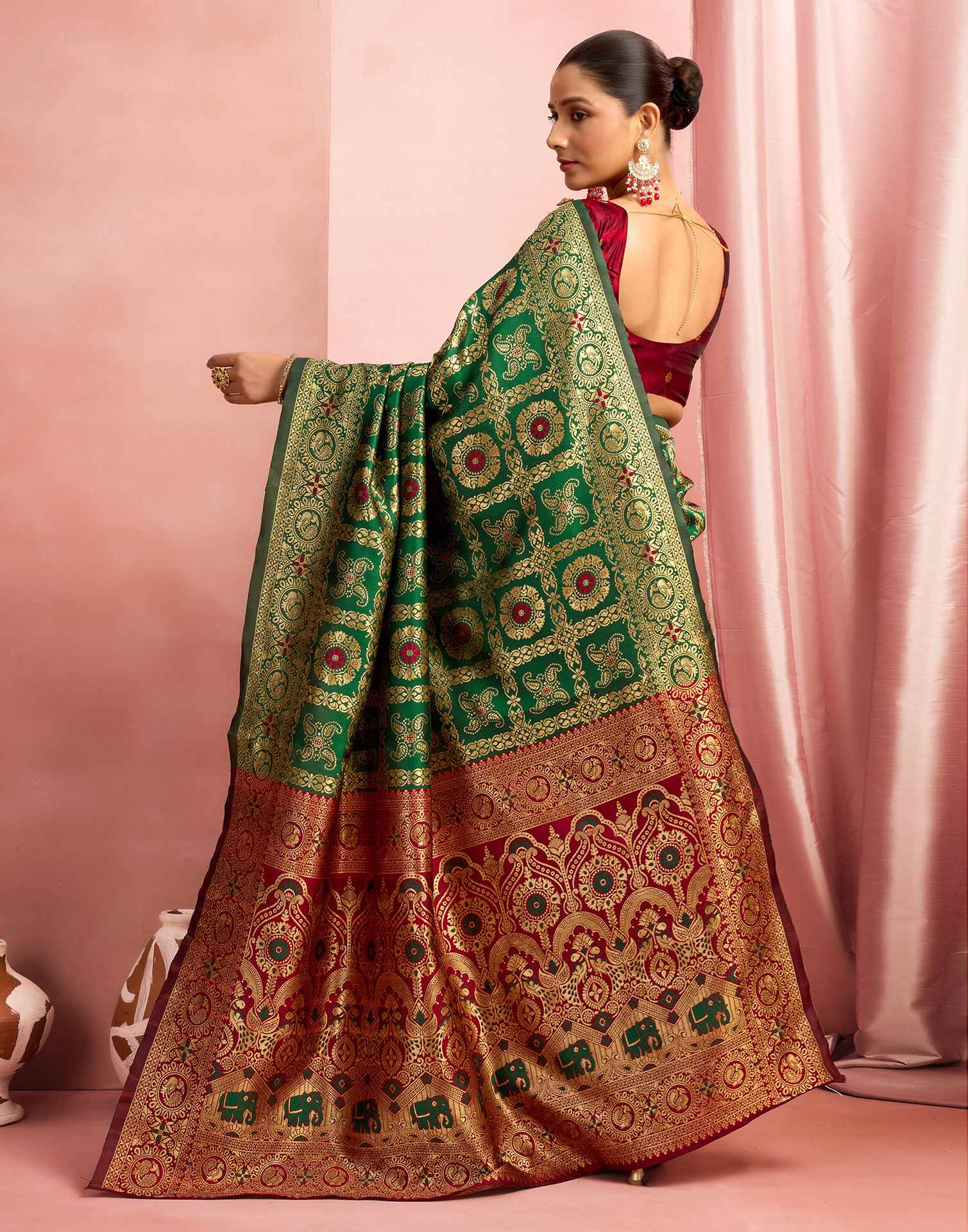 Dark Green Silk Woven Banarasi Saree - Image 5
