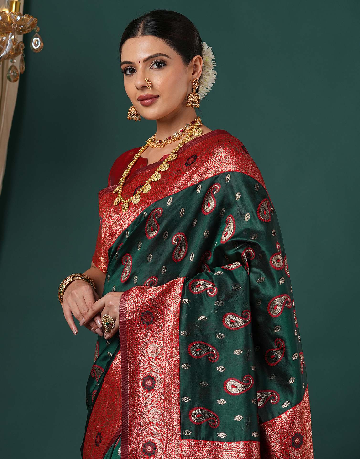 Dark Green Silk Woven Banarasi Saree - Image 2