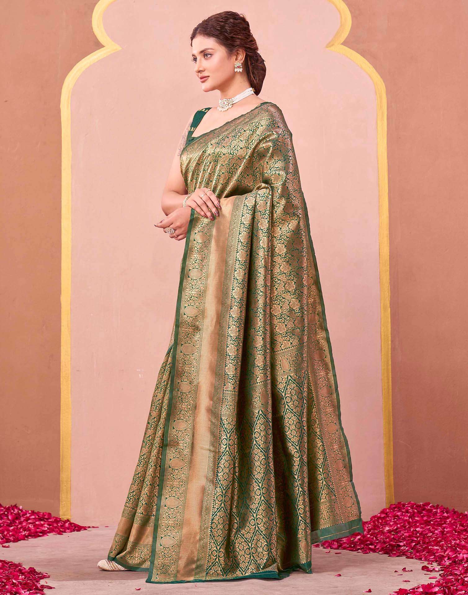 Dark Green Silk Woven Banarasi Saree - Image 4