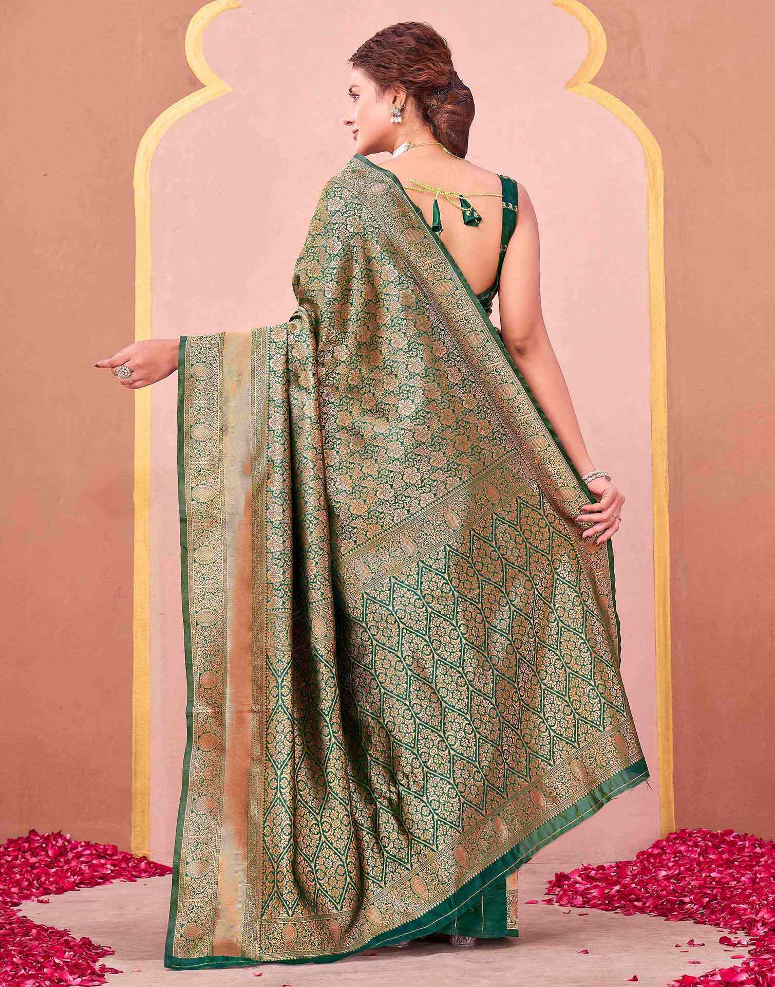 Dark Green Silk Woven Banarasi Saree - Image 6