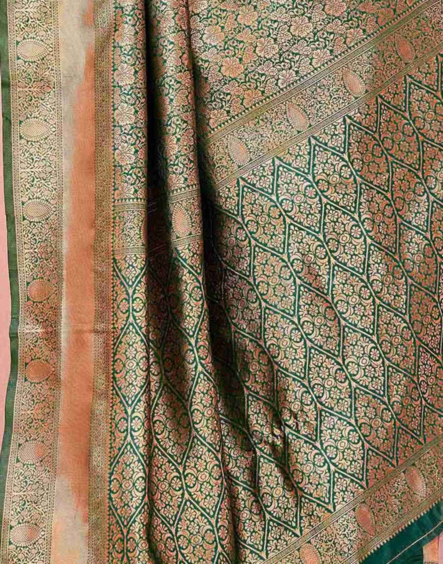 Dark Green Silk Woven Banarasi Saree - Image 8