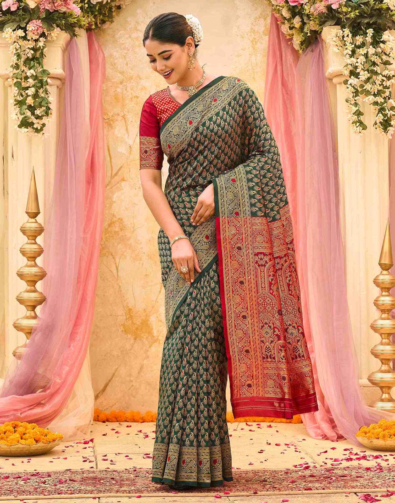 Dark Green Silk Woven Banarasi Saree - Image 2