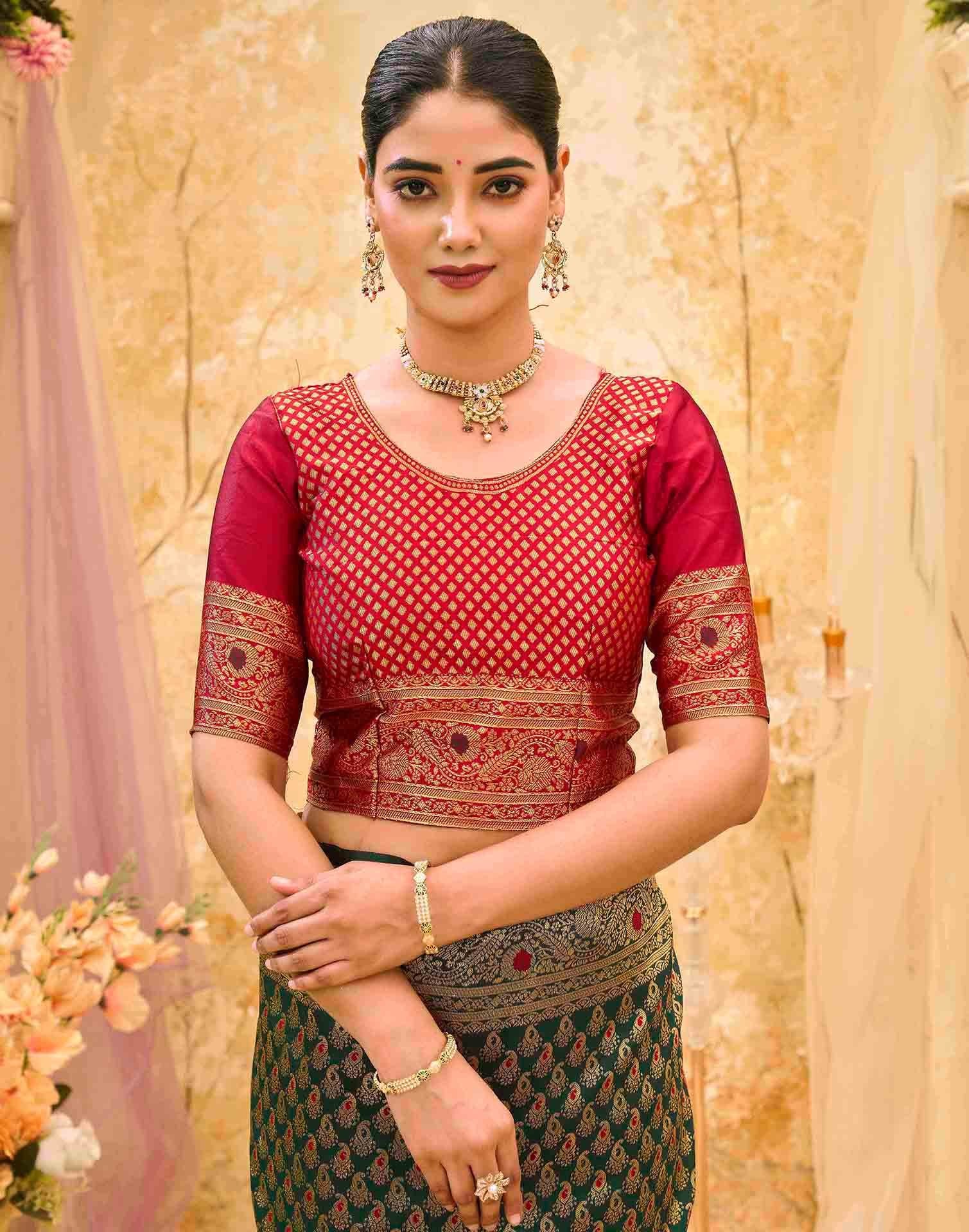 Dark Green Silk Woven Banarasi Saree - Image 8