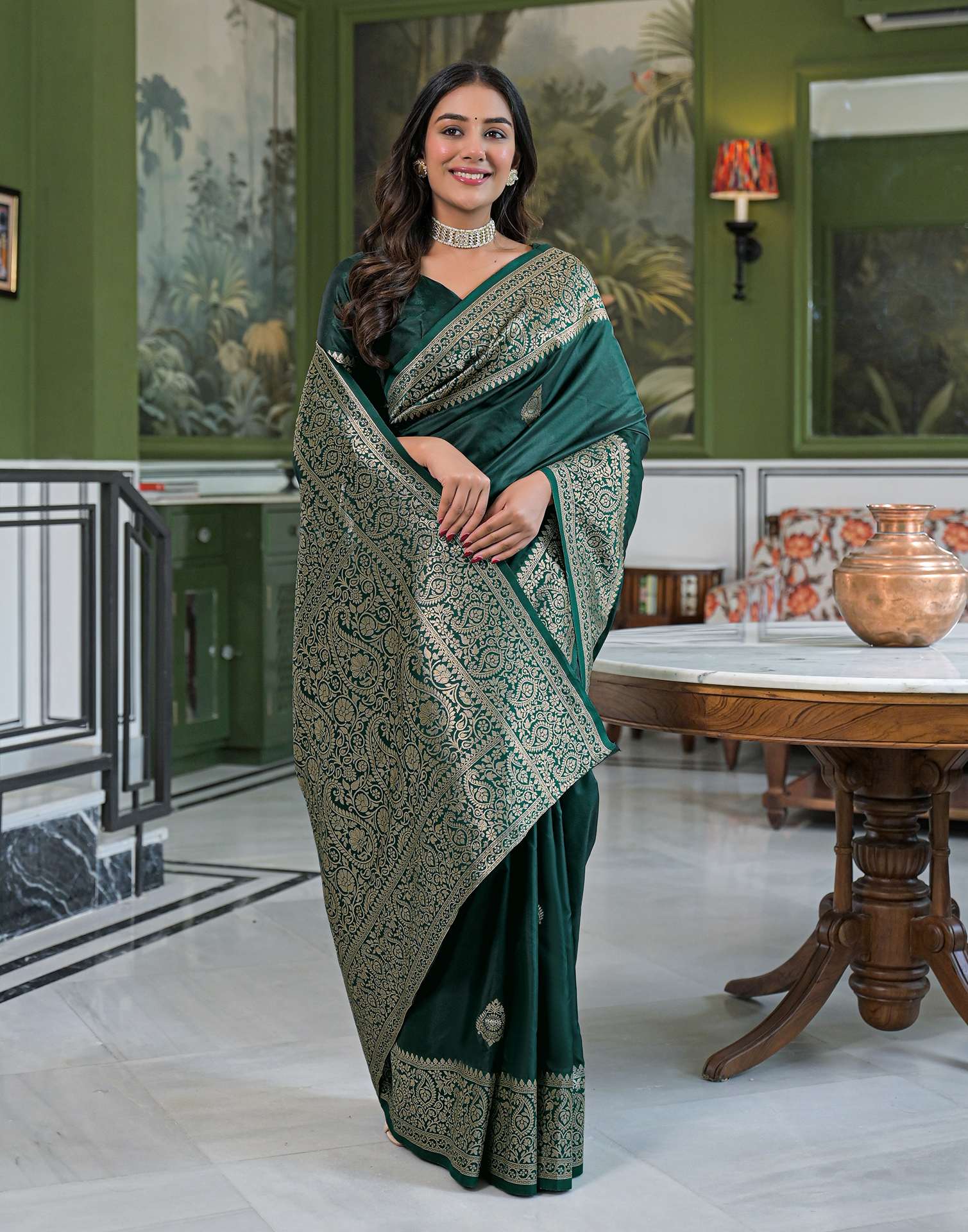 Dark Green Silk Woven Banarasi Saree - Image 6