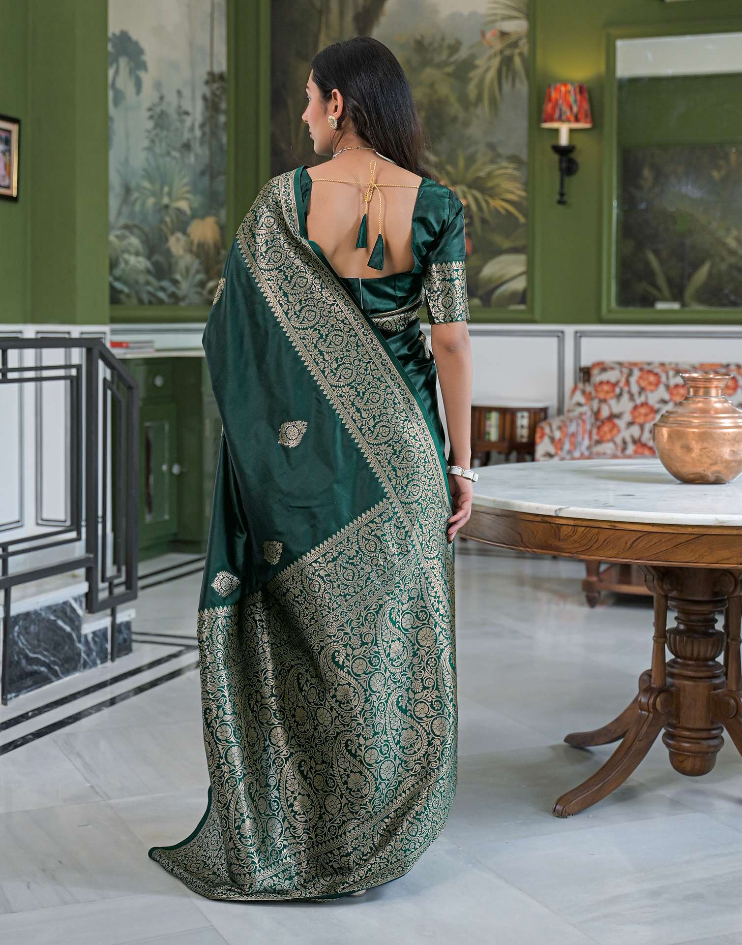 Dark Green Silk Woven Banarasi Saree - Image 7