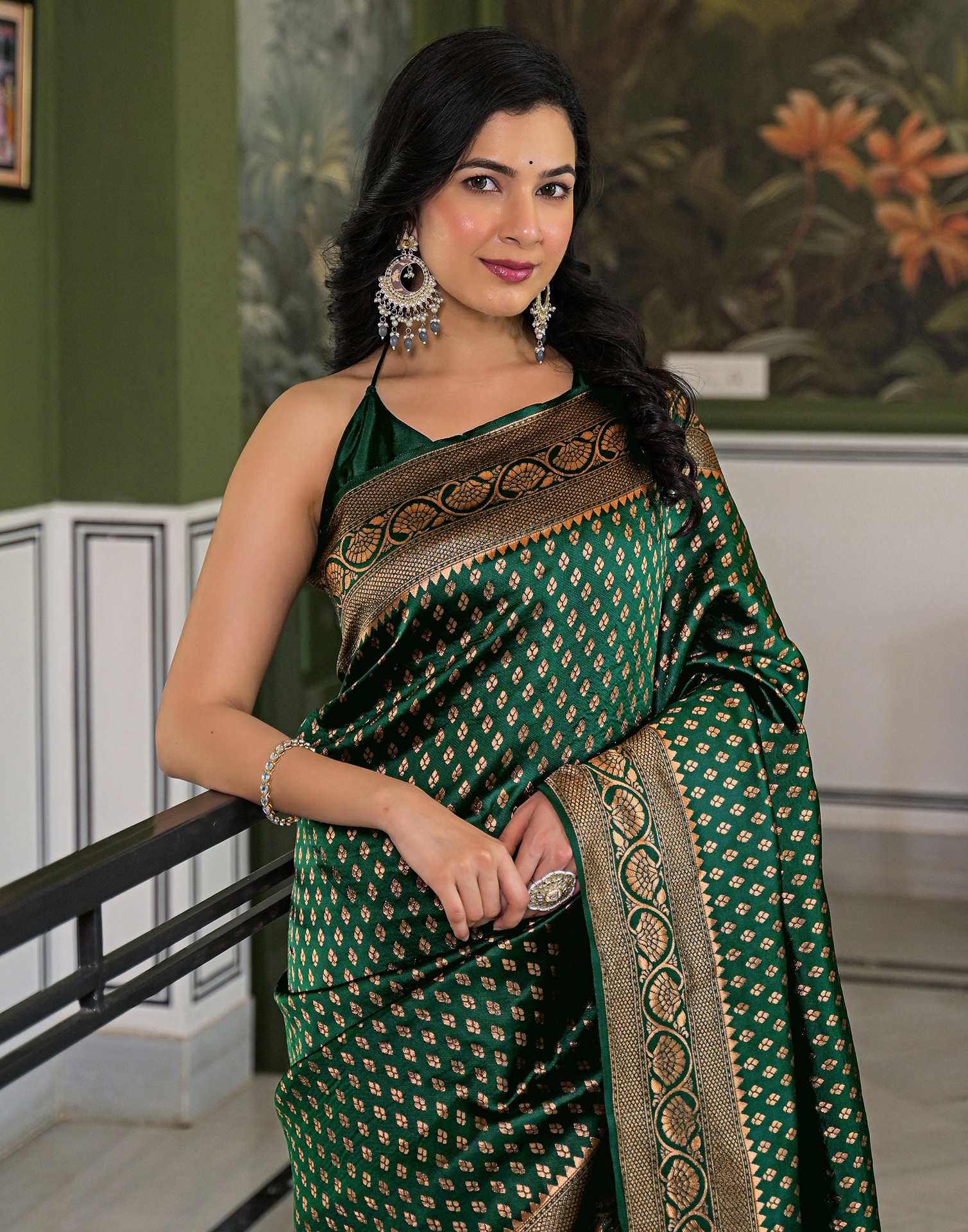 Dark Green Silk Woven Banarasi Saree - Image 2