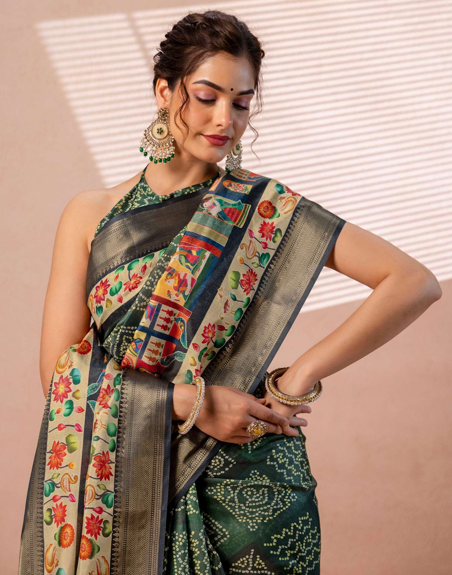 Dark Green Silk Woven Border Kalamkari Saree - Image 10
