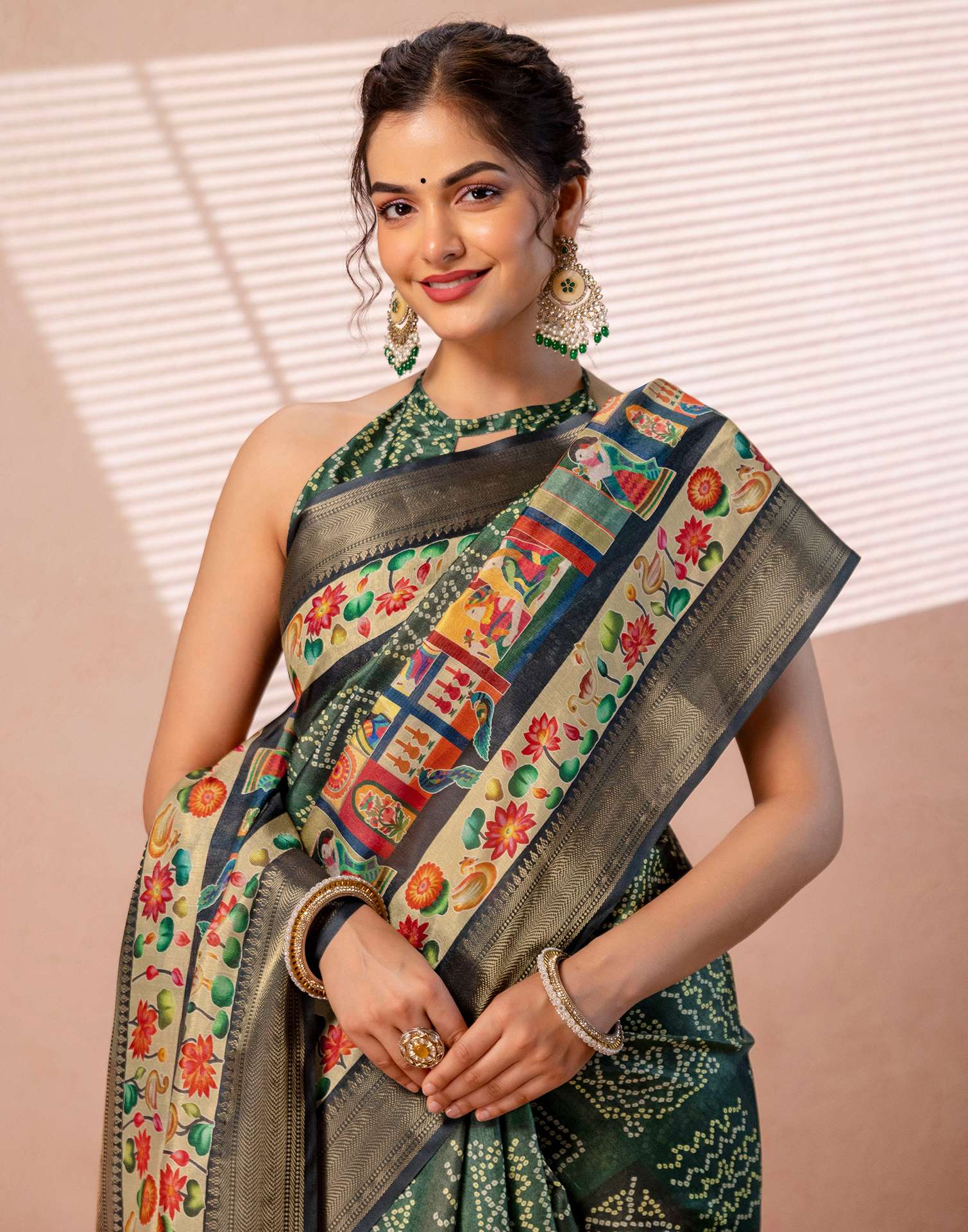 Dark Green Silk Woven Border Kalamkari Saree - Image 2