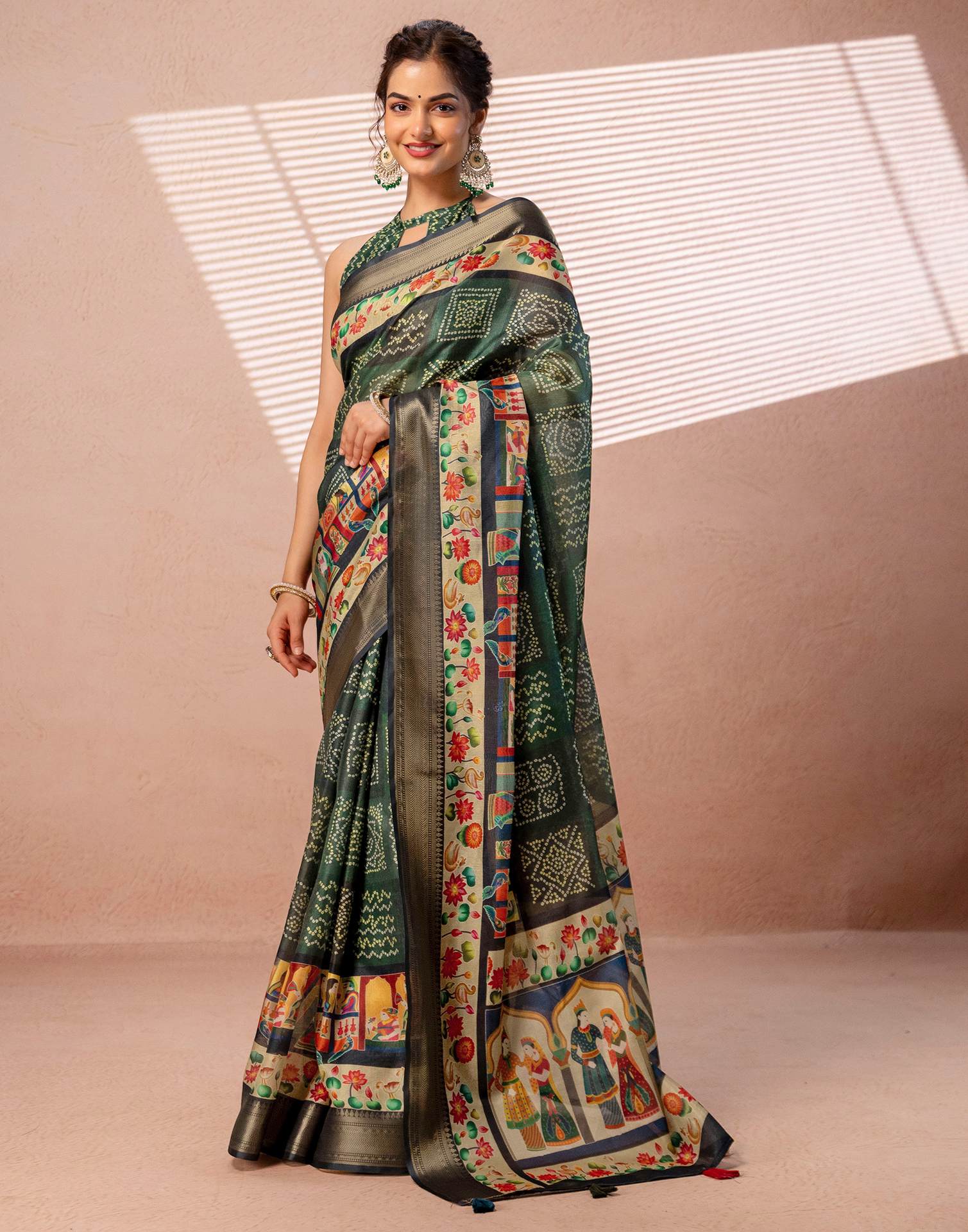 Dark Green Silk Woven Border Kalamkari Saree - Image 5