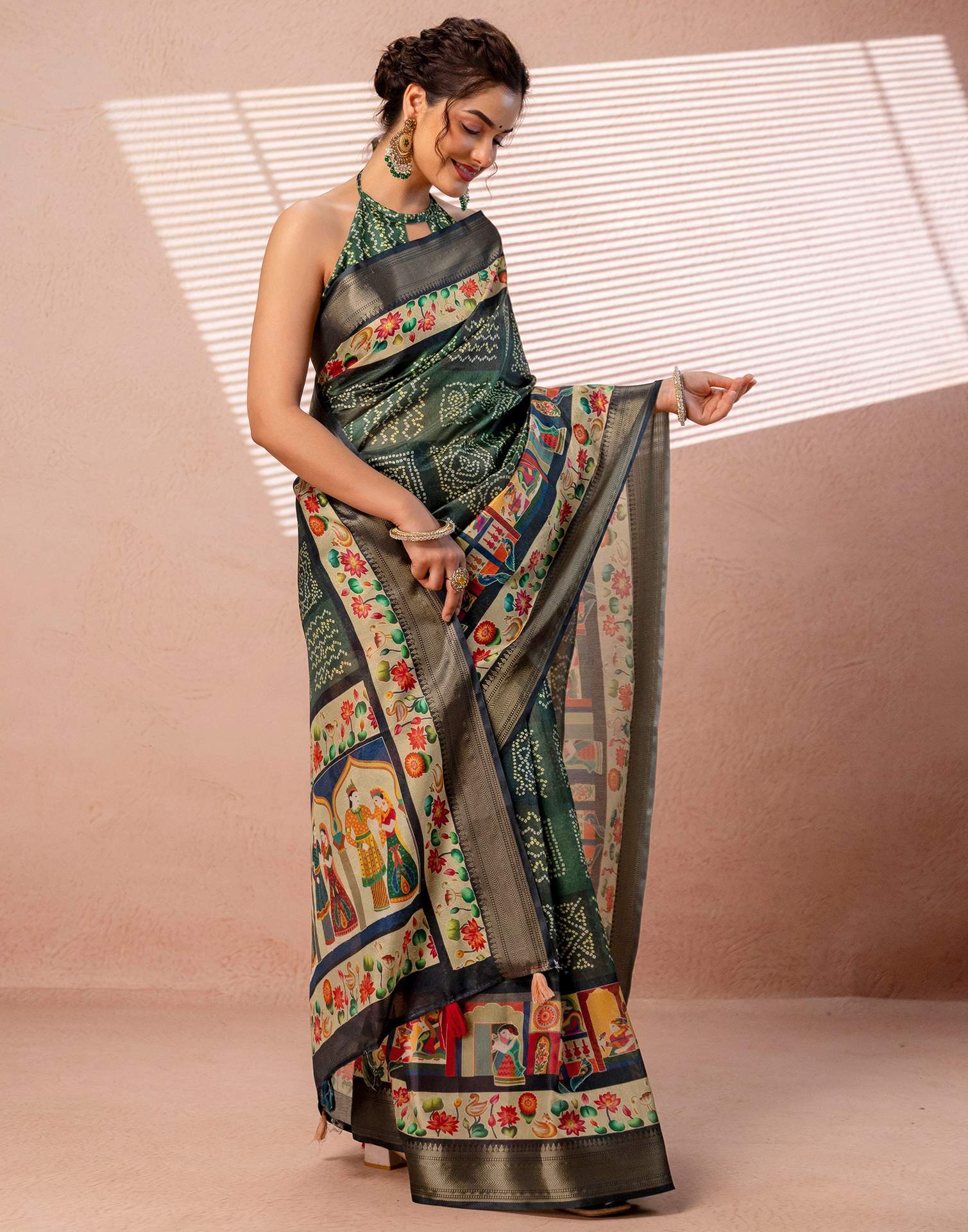 Dark Green Silk Woven Border Kalamkari Saree - Image 6