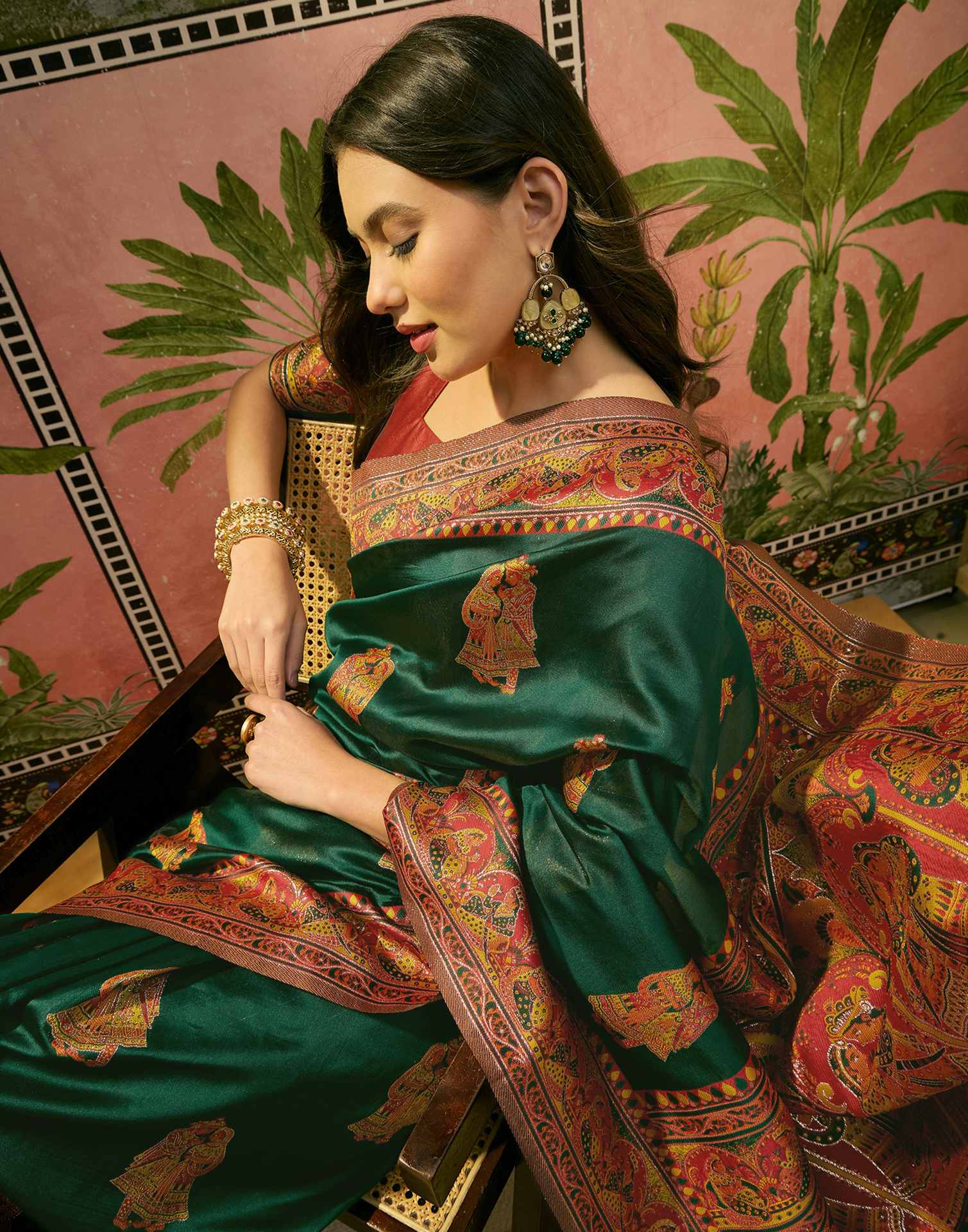 Dark Green Silk Woven Kalamkari Saree - Image 2