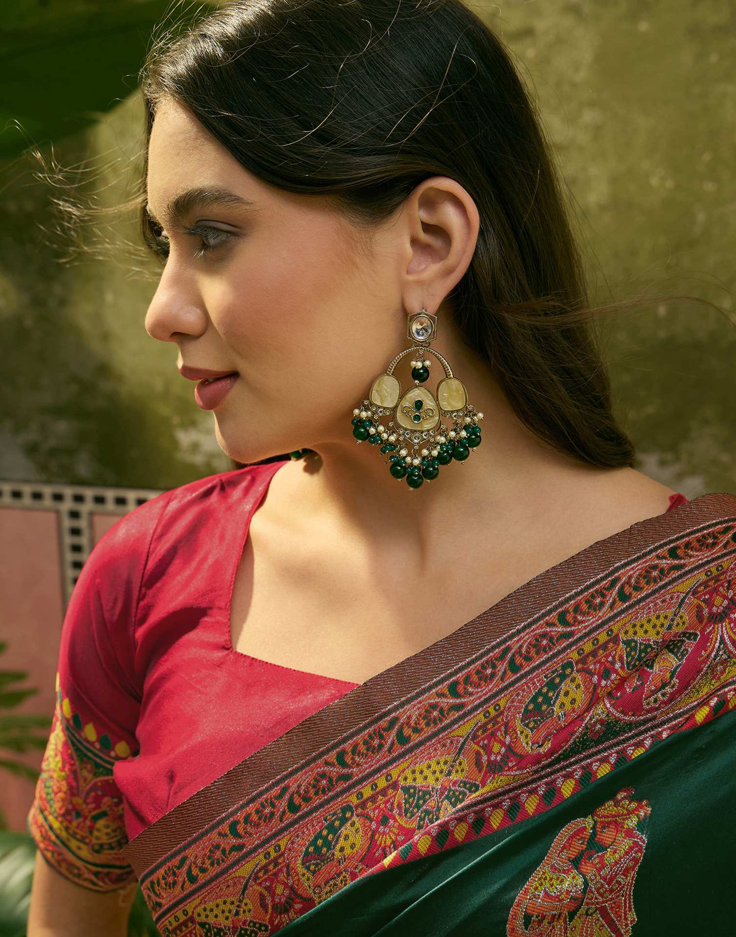 Dark Green Silk Woven Kalamkari Saree - Image 6