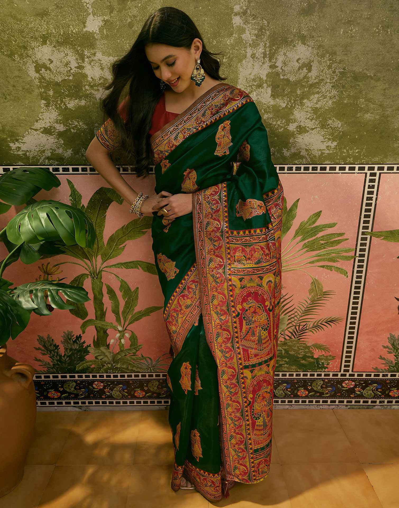 Dark Green Silk Woven Kalamkari Saree - Image 7