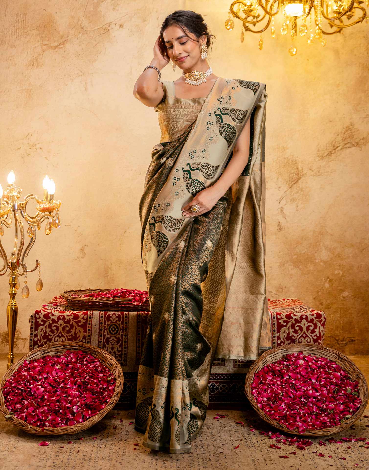 Dark Green Silk Woven Kanjivaram Saree - Image 8