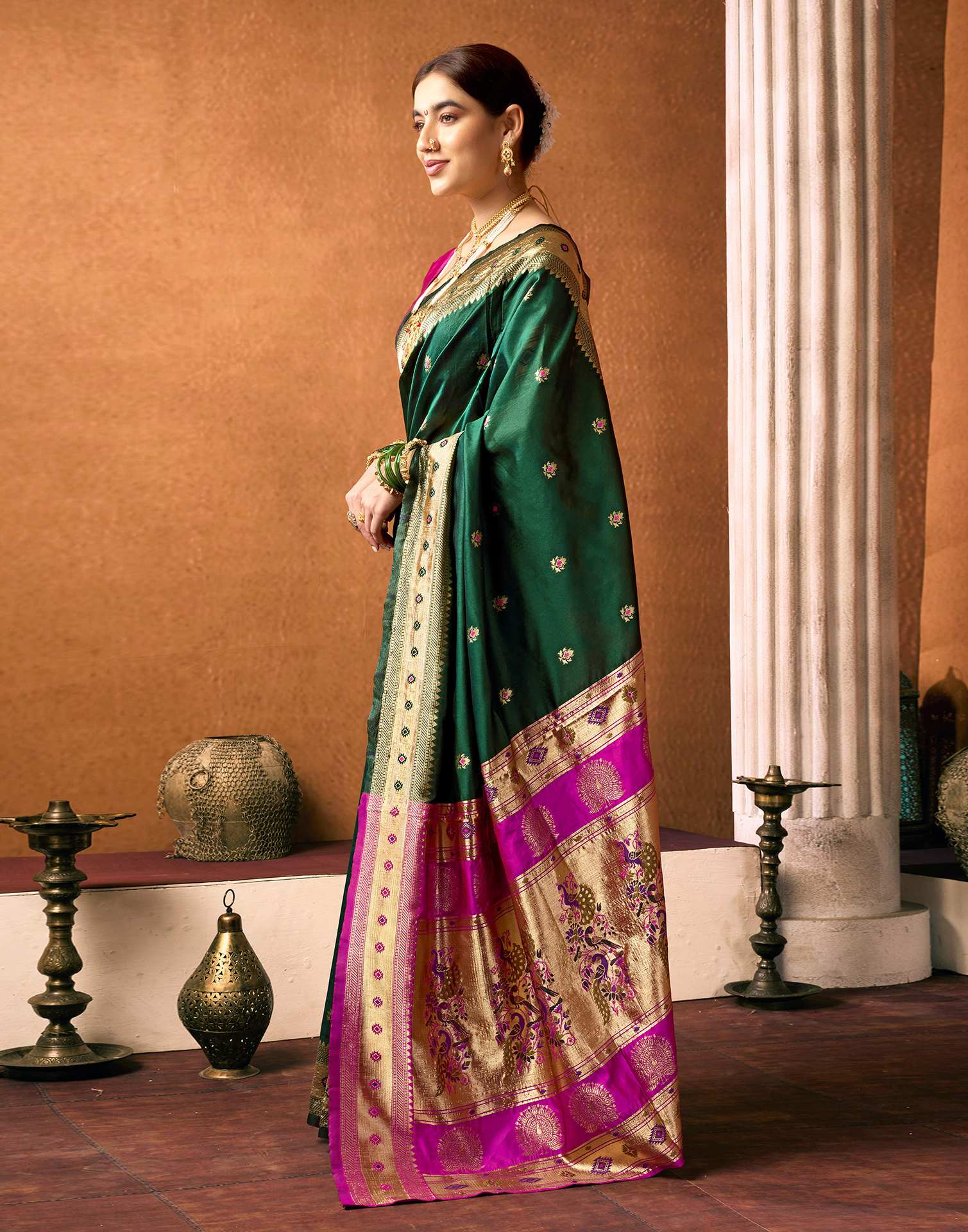 Dark Green Silk Woven Paithani Saree - Image 4