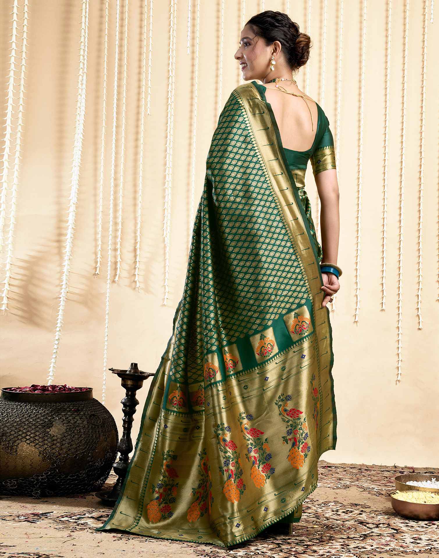Dark Green Silk Woven Paithani Saree - Image 6