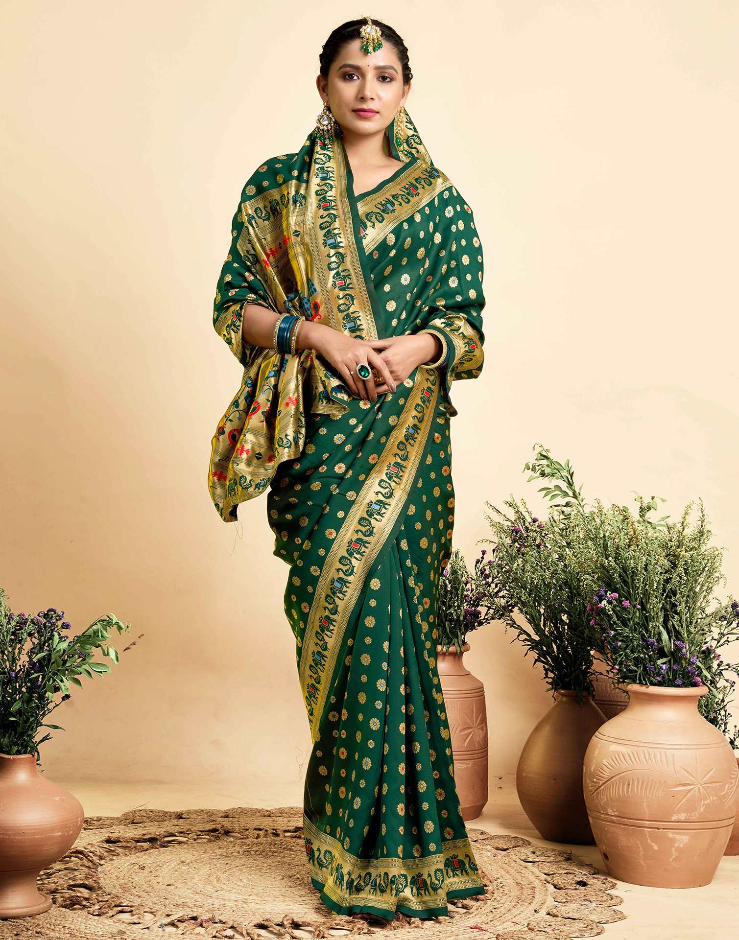 Dark Green Silk Woven Paithani Saree - Image 6