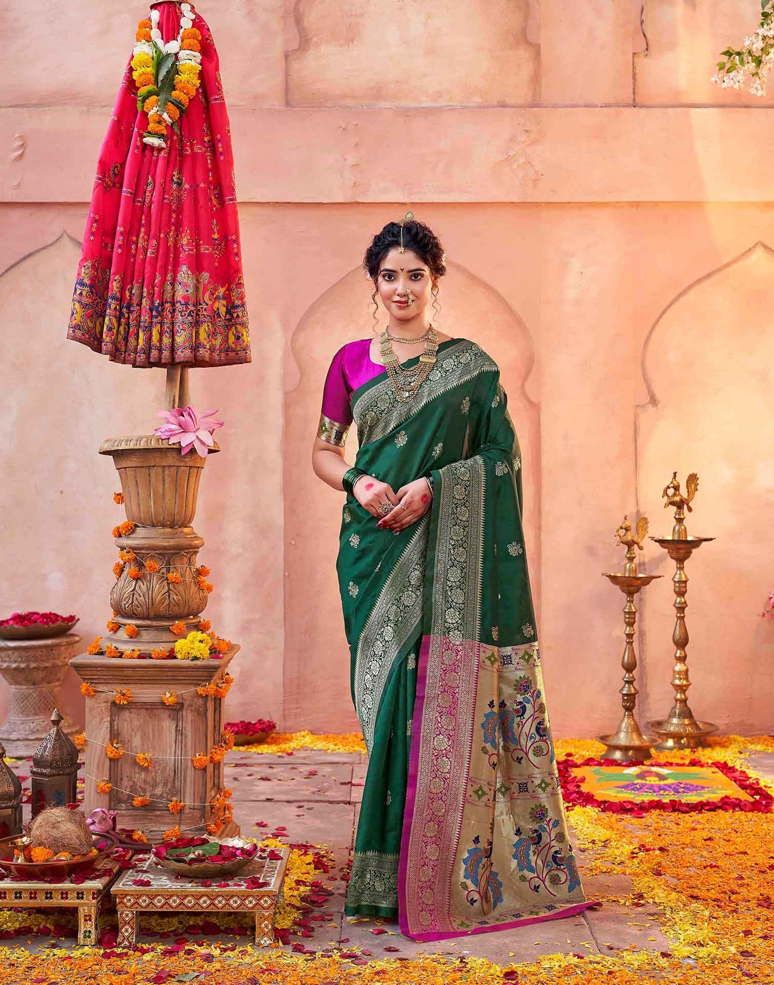Dark Green Silk Woven Paithani Saree - Image 2