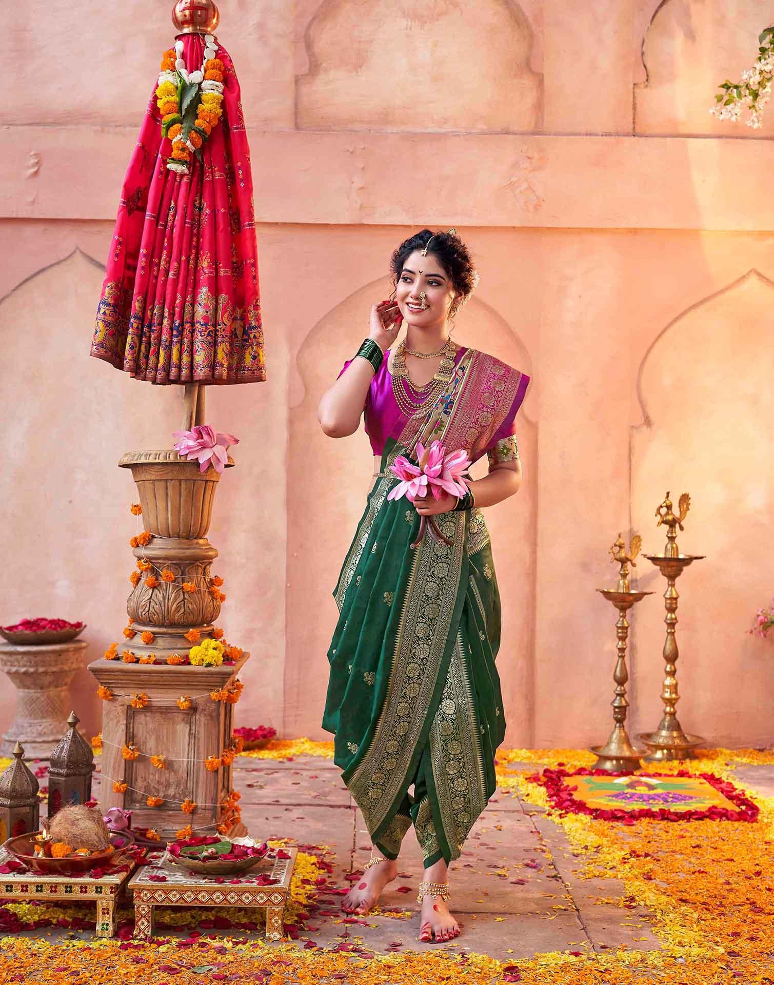 Dark Green Silk Woven Paithani Saree - Image 4