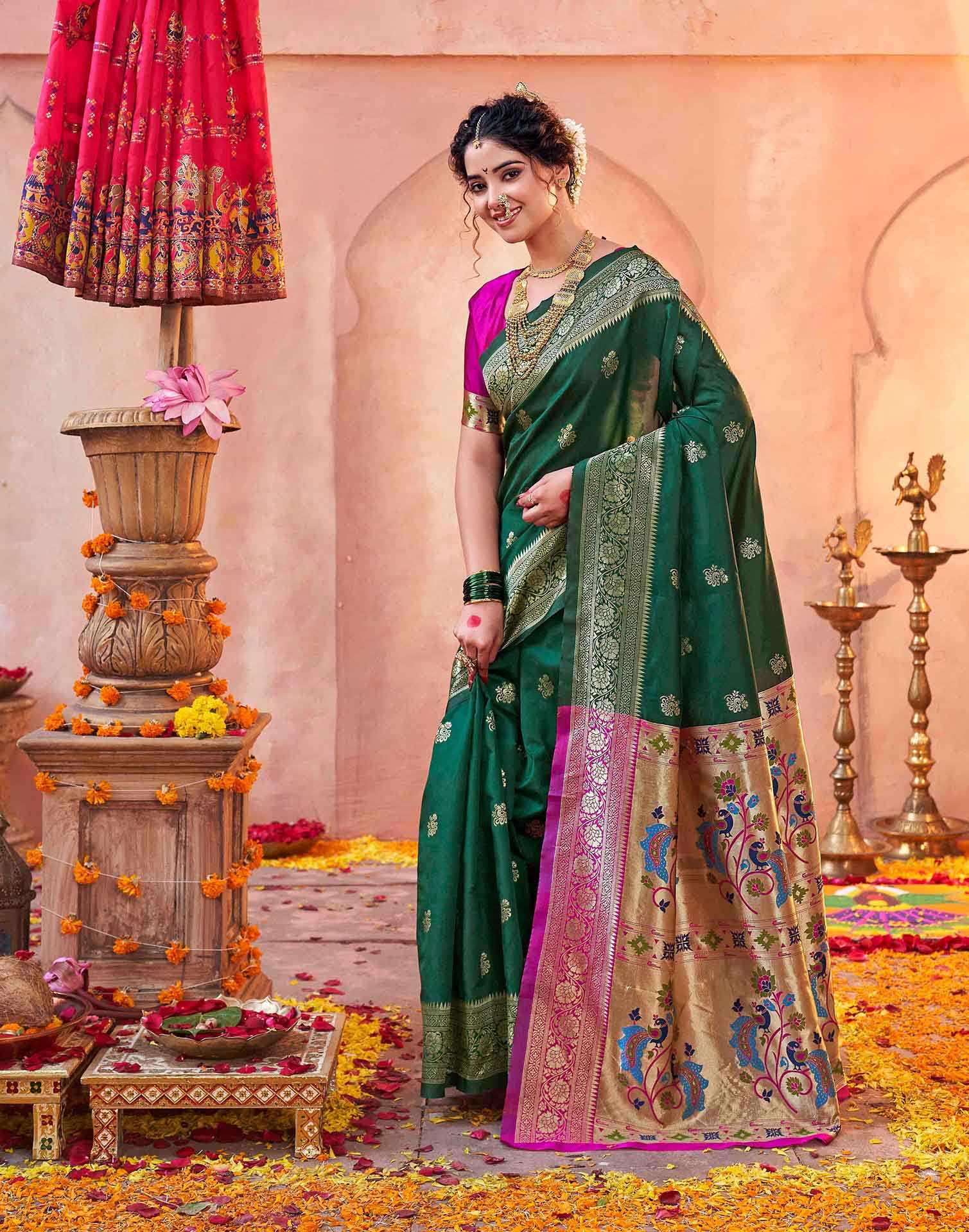 Dark Green Silk Woven Paithani Saree - Image 5
