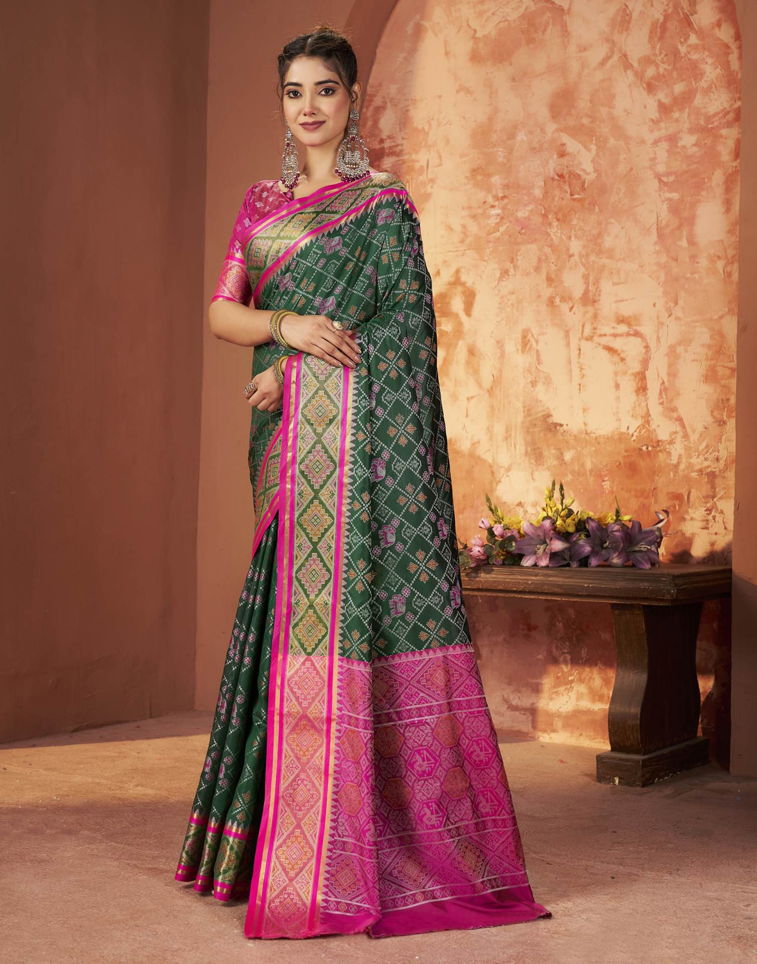 Dark Green Silk Woven Patola Saree - Image 2