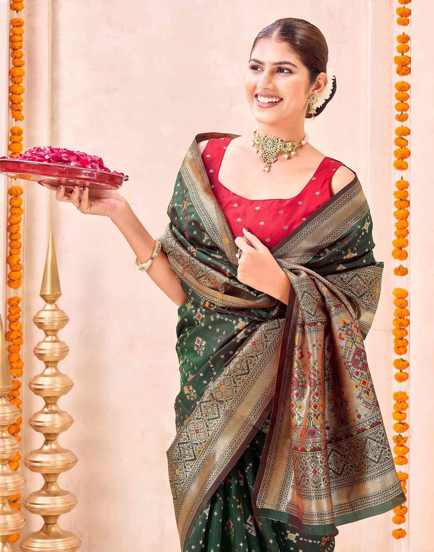 Dark Green Silk Woven Patola Saree - Image 2