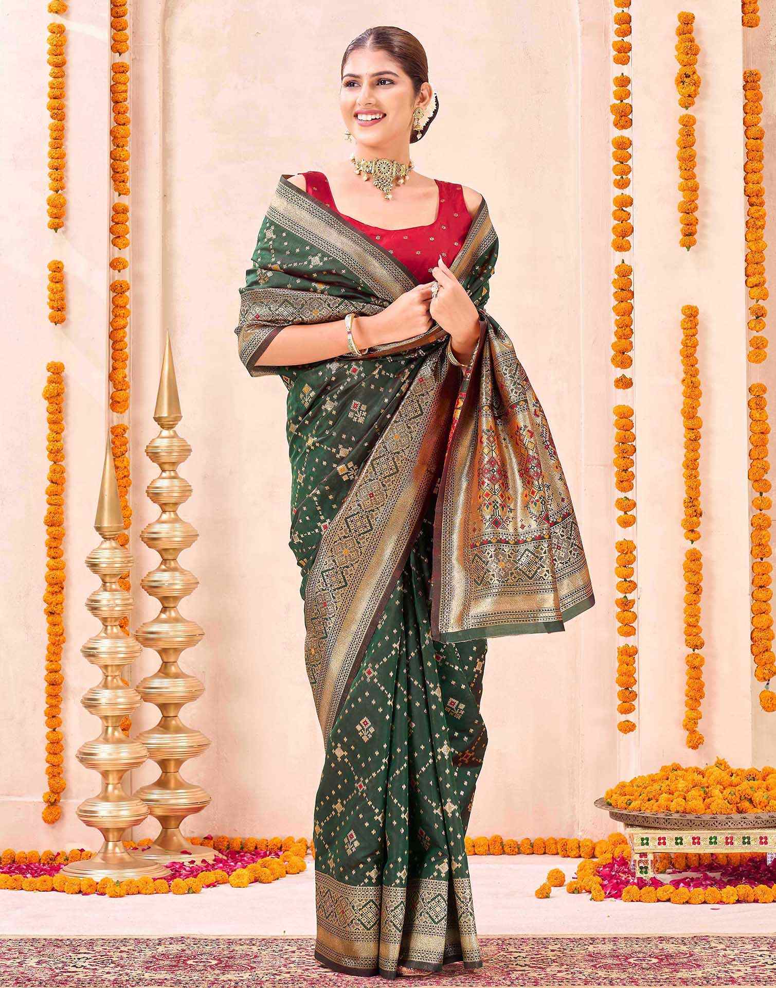Dark Green Silk Woven Patola Saree - Image 5