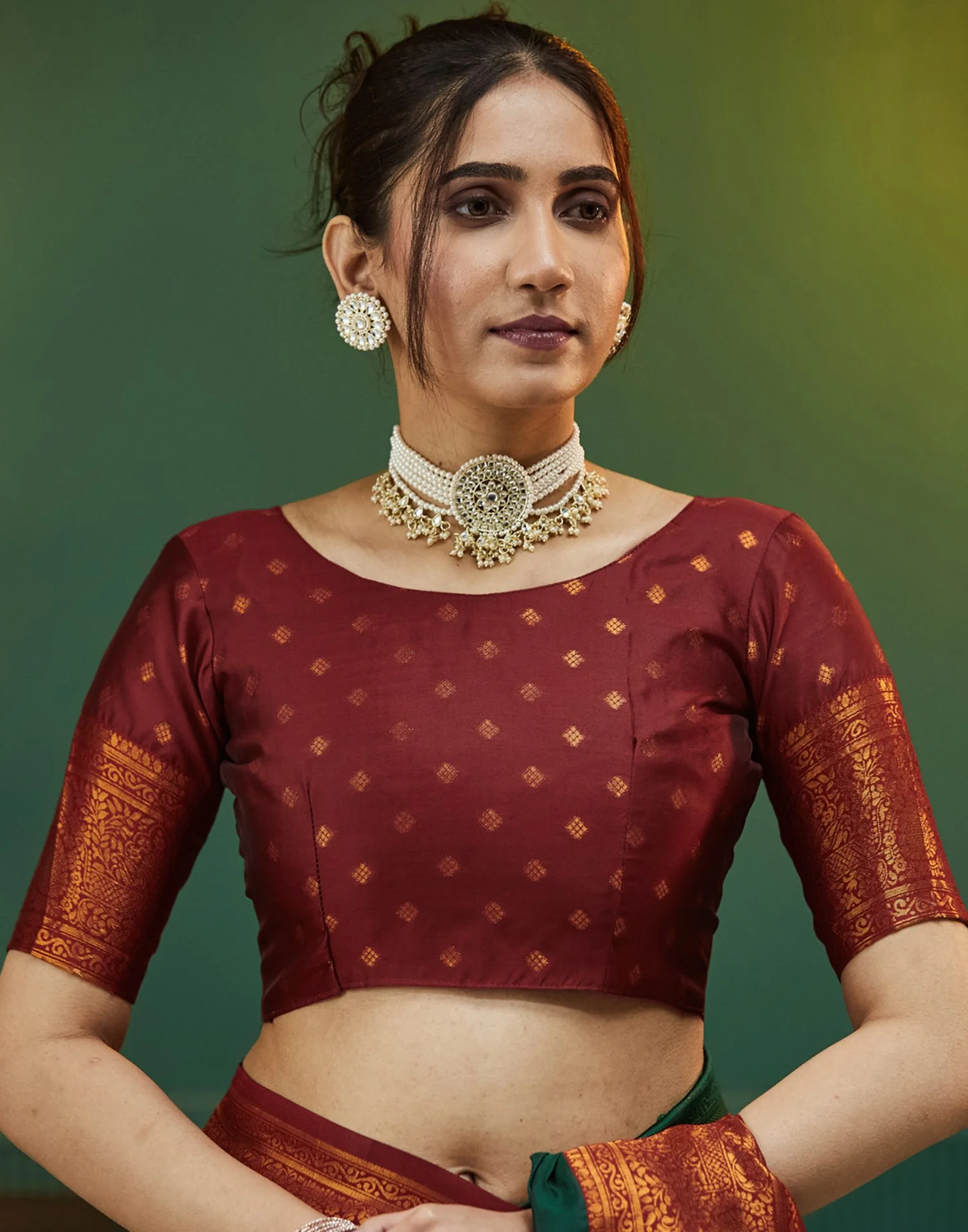 Dark Green Silk Woven Saree - Image 6