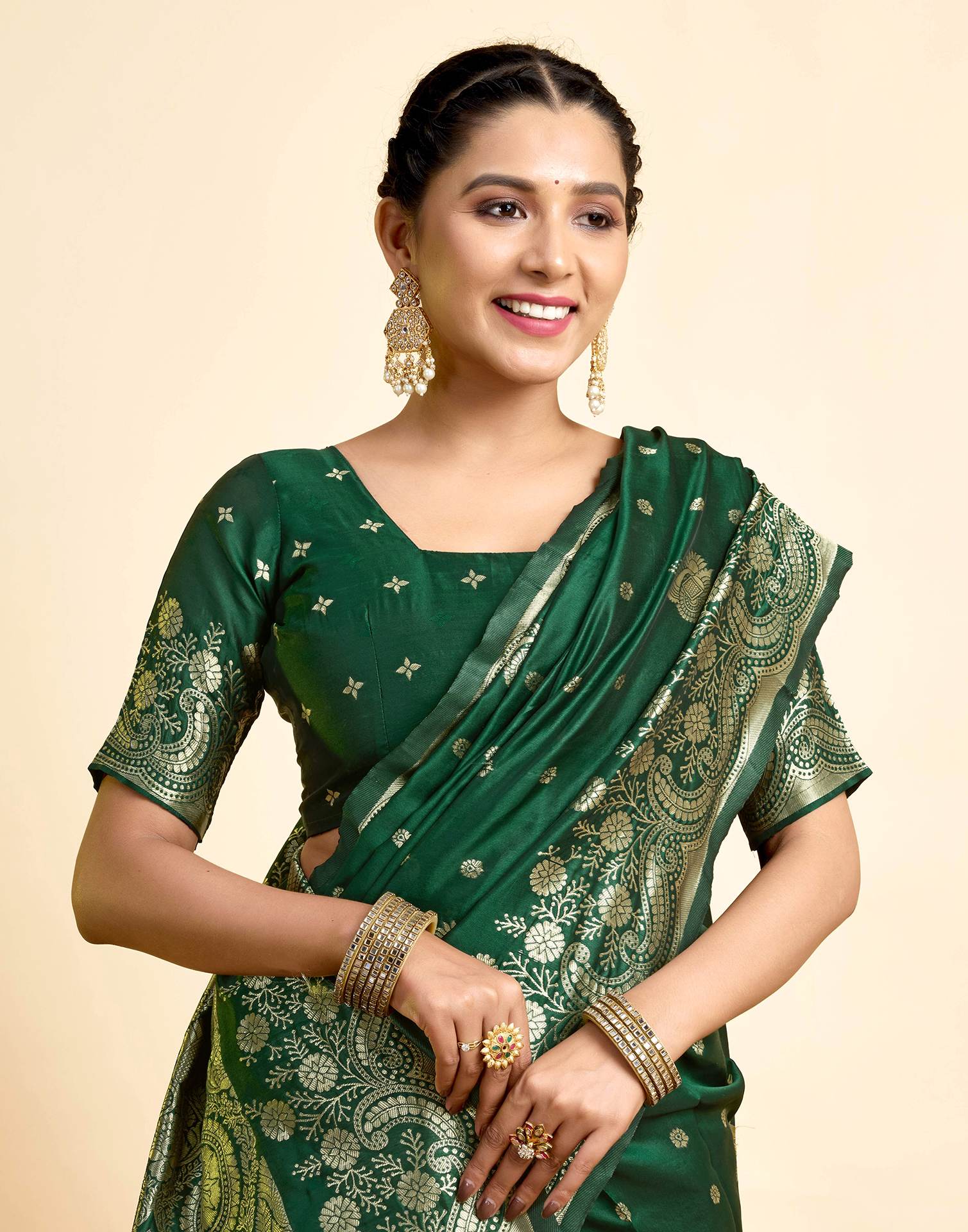 Dark Green Silk Woven Banarasi Saree - Image 2