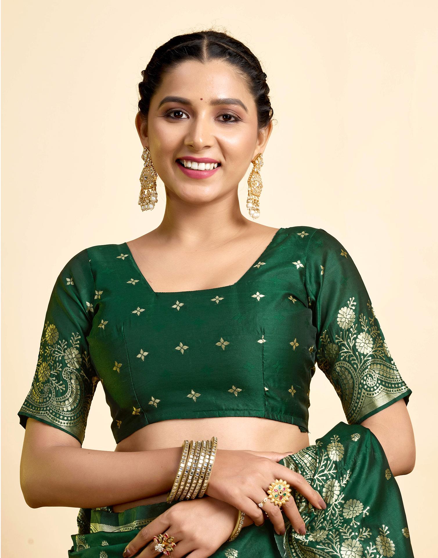 Dark Green Silk Woven Banarasi Saree - Image 8