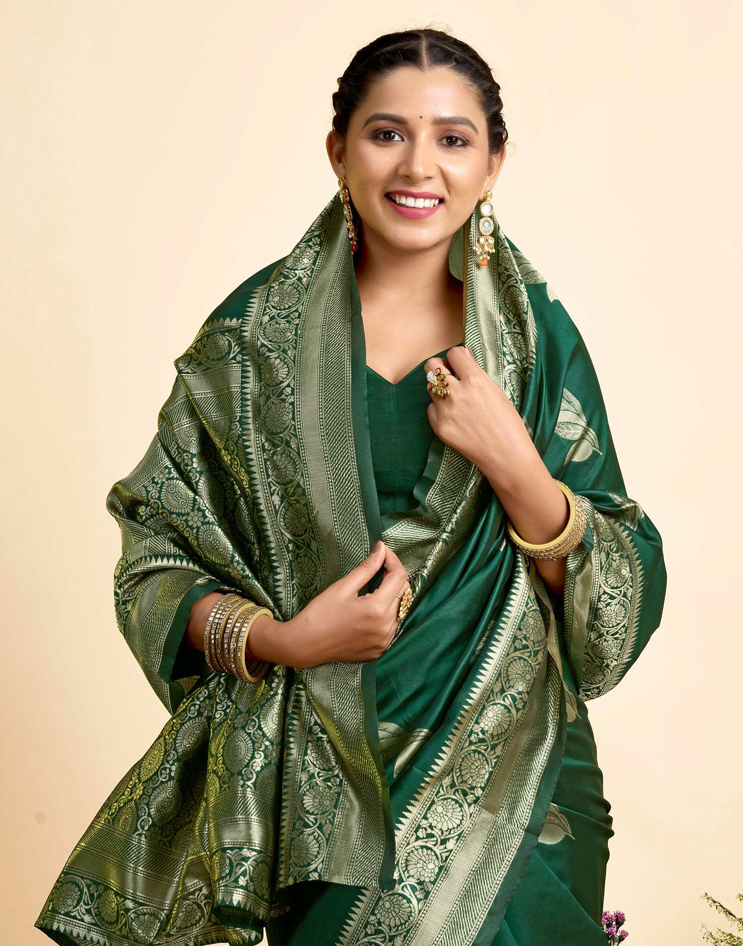 Dark Green Silk Woven Banarasi Saree - Image 2