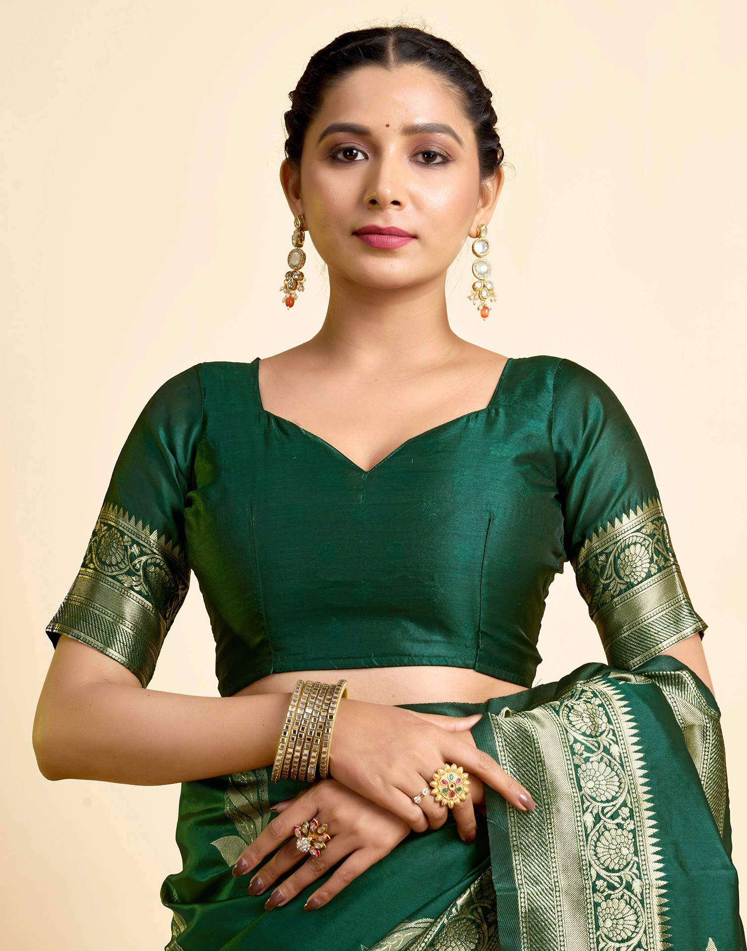 Dark Green Silk Woven Banarasi Saree - Image 8