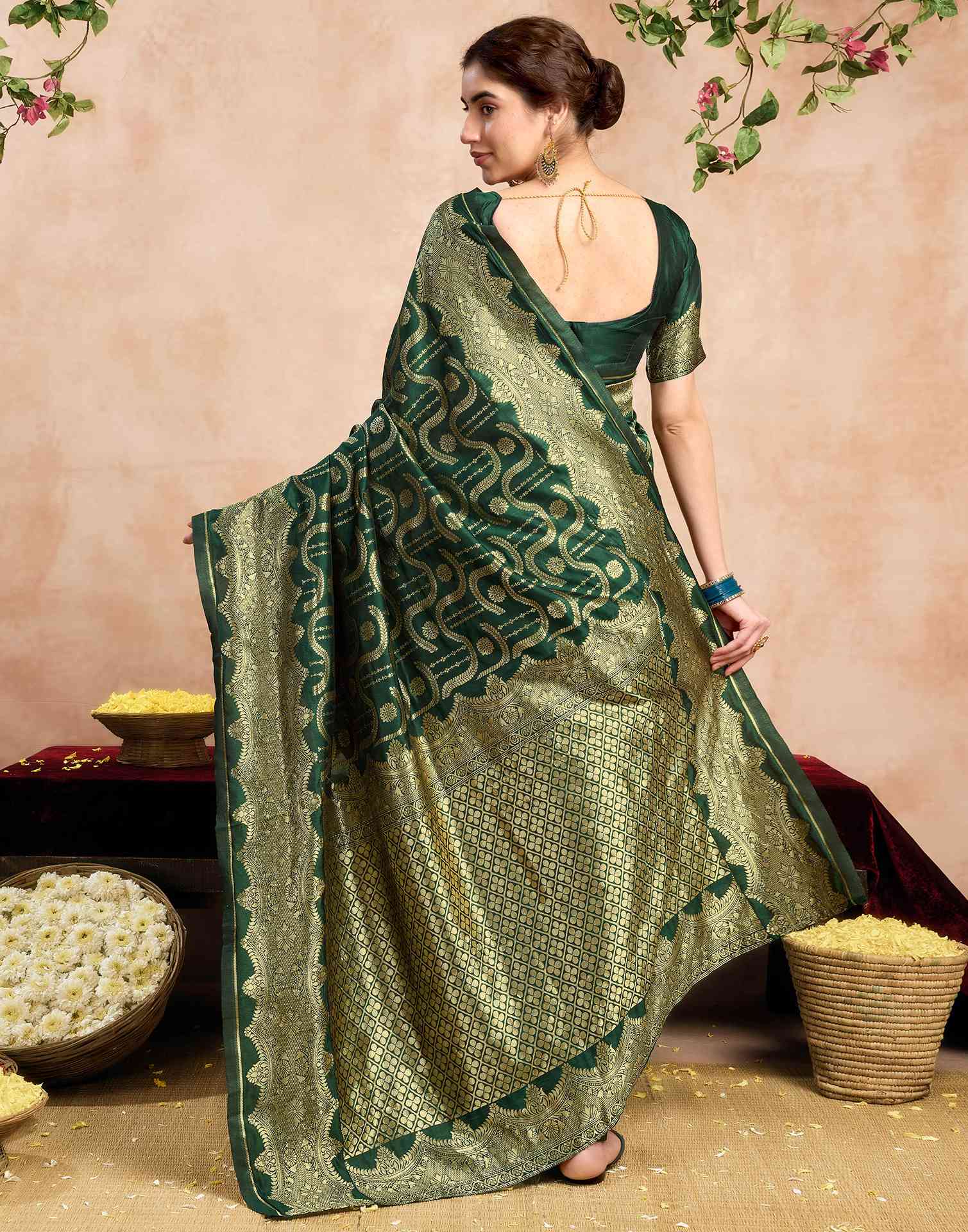 Dark Green Silk Woven Banarasi Saree - Image 6
