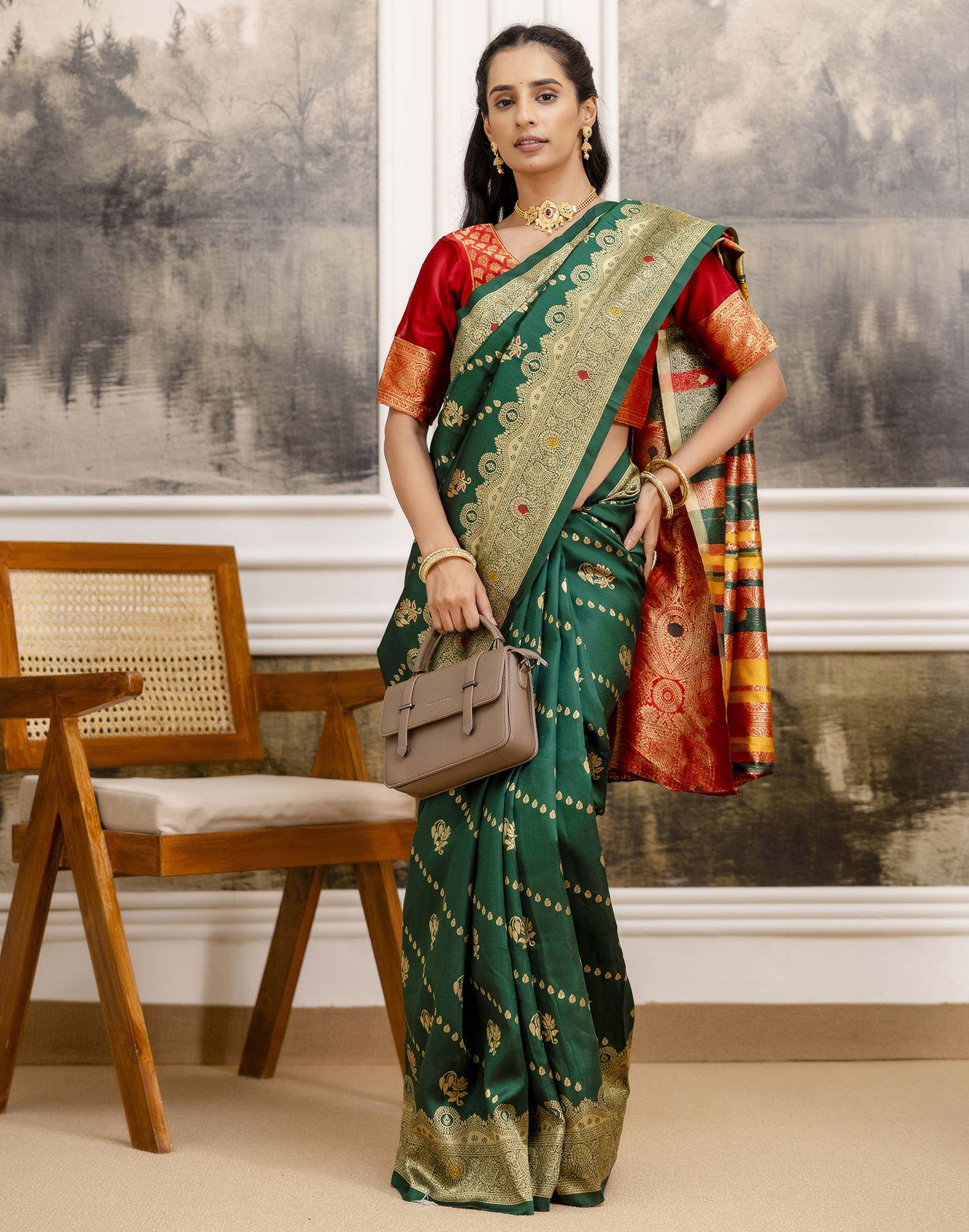 Dark Green Silk Woven Banarasi Saree - Image 11