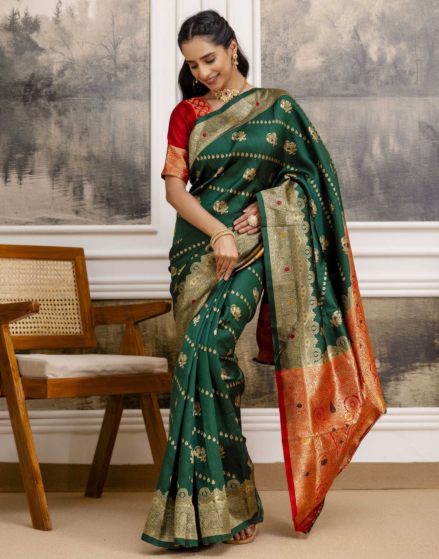 Dark Green Silk Woven Banarasi Saree - Image 12