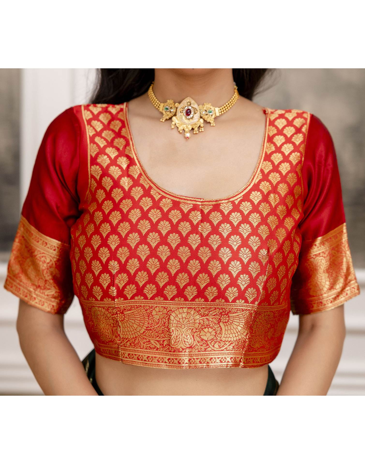 Dark Green Silk Woven Banarasi Saree - Image 15